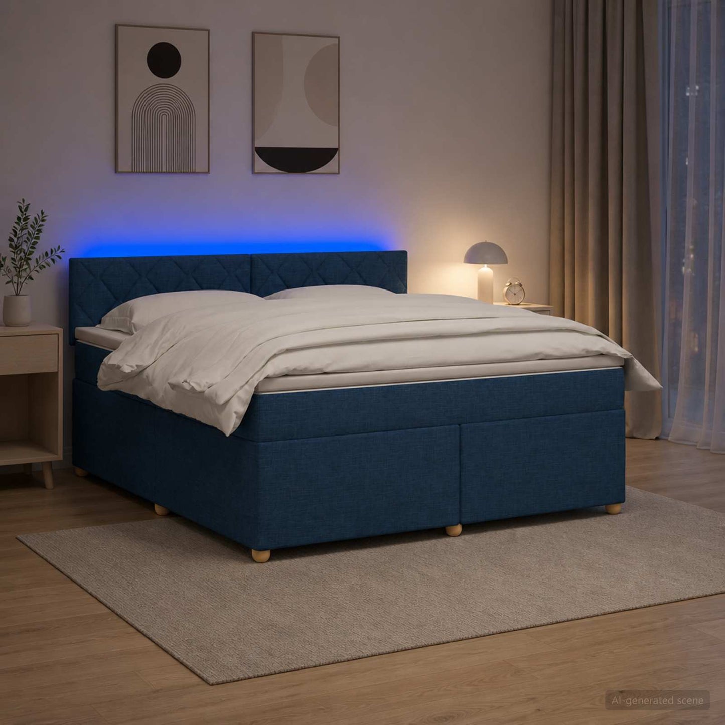 Boxmadras med topmadras med hovedgærde Blå 180 x 200 cm Stof