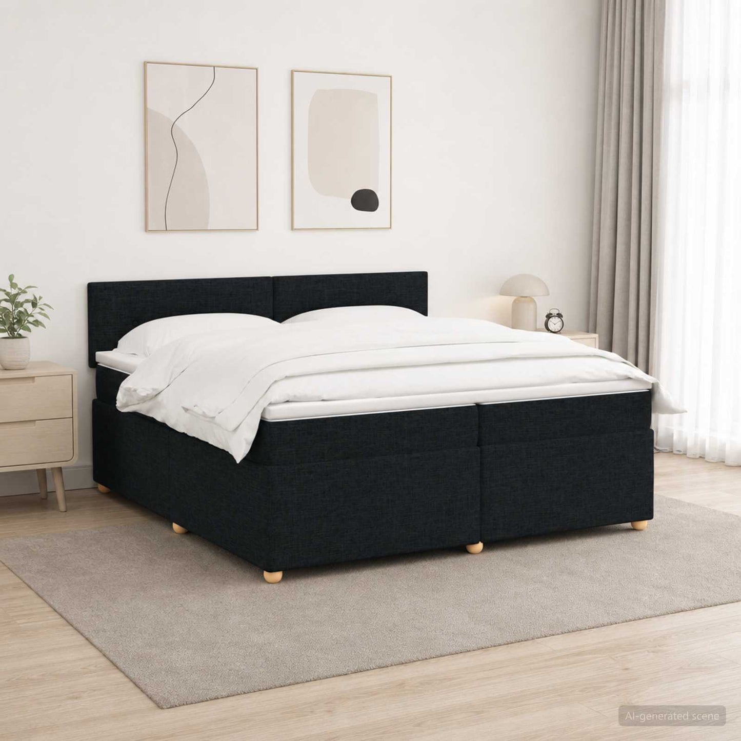 Boxmadras med topmadras med hovedgærde Sort 200 x 200 cm Stof