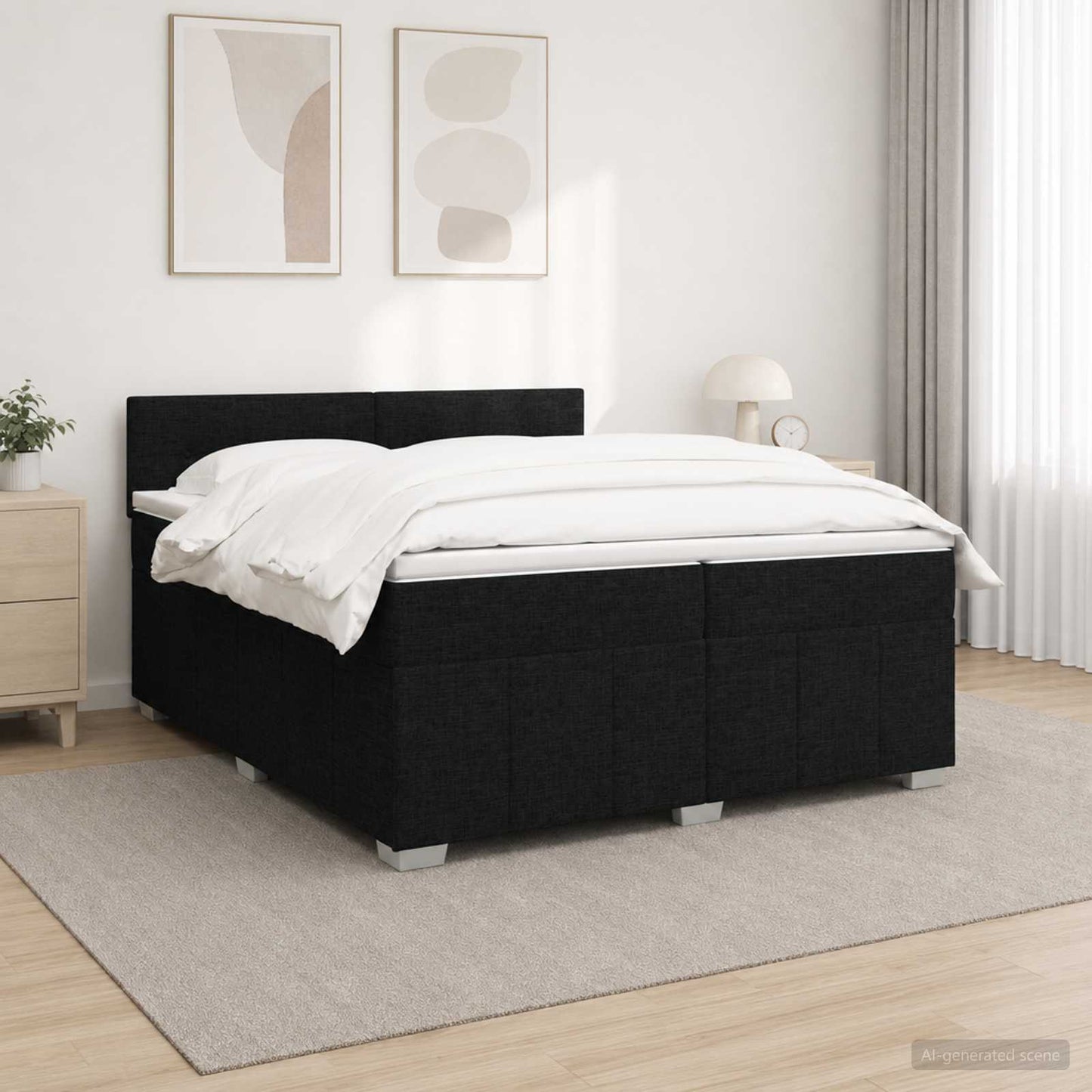 Boxmadras med topmadras med hovedgærde Sort 200 x 200 cm Stof