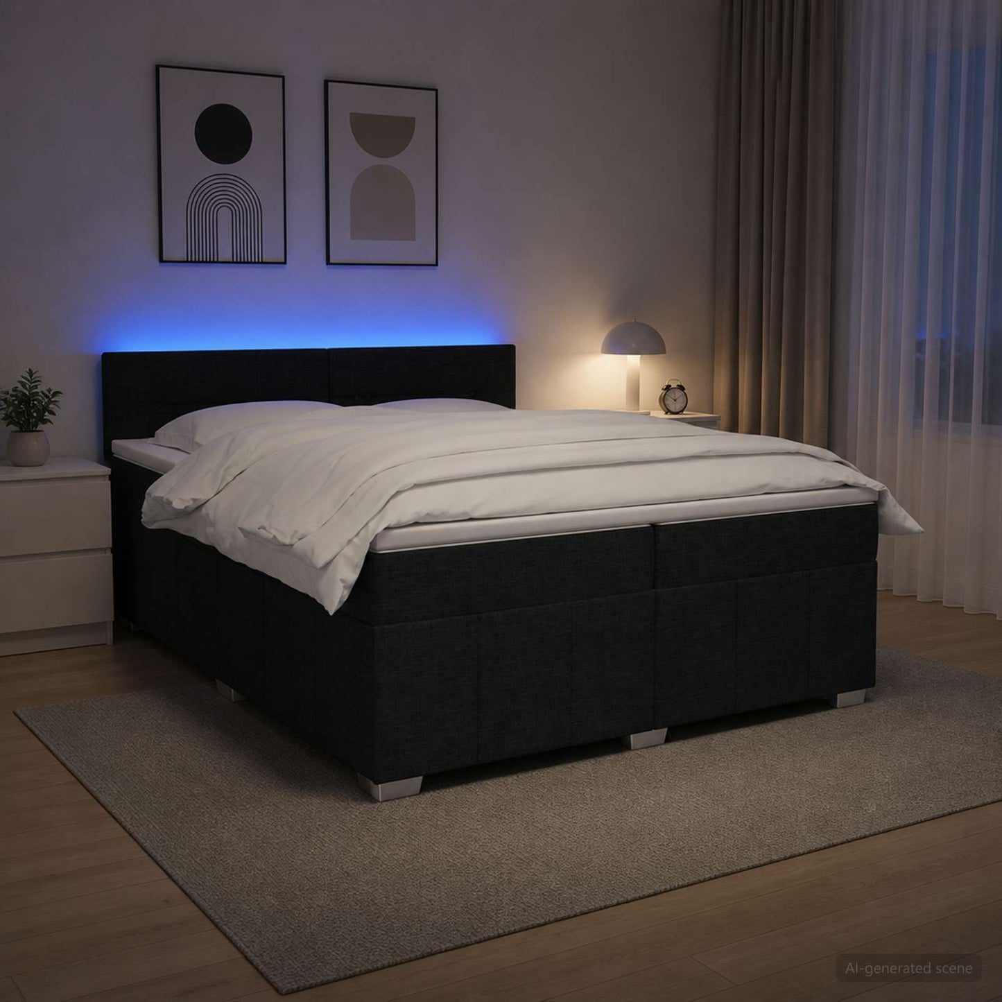 Boxmadras med topmadras med hovedgærde Sort 200 x 200 cm Stof