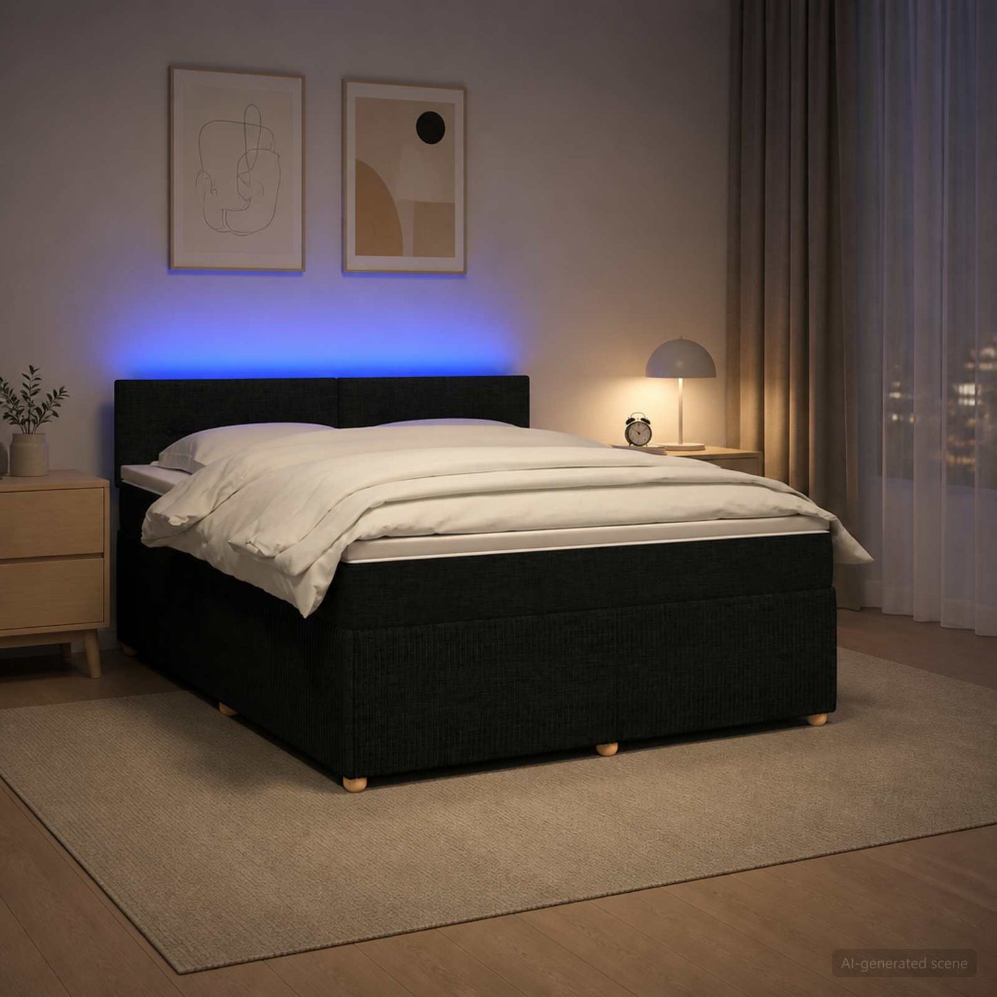 Boxmadras med topmadras med hovedgærde Sort 140 x 190 cm Stof