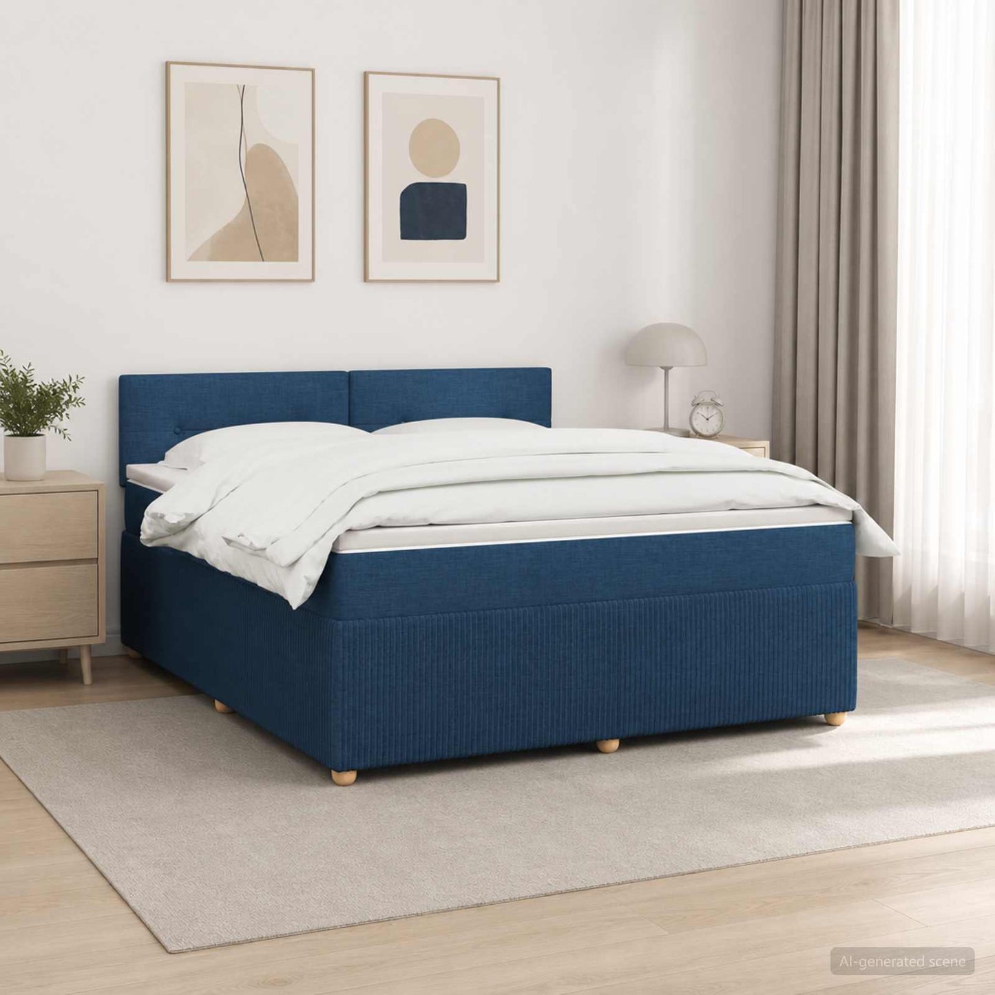 Boxmadras med topmadras med hovedgærde Blå 180 x 200 cm Stof