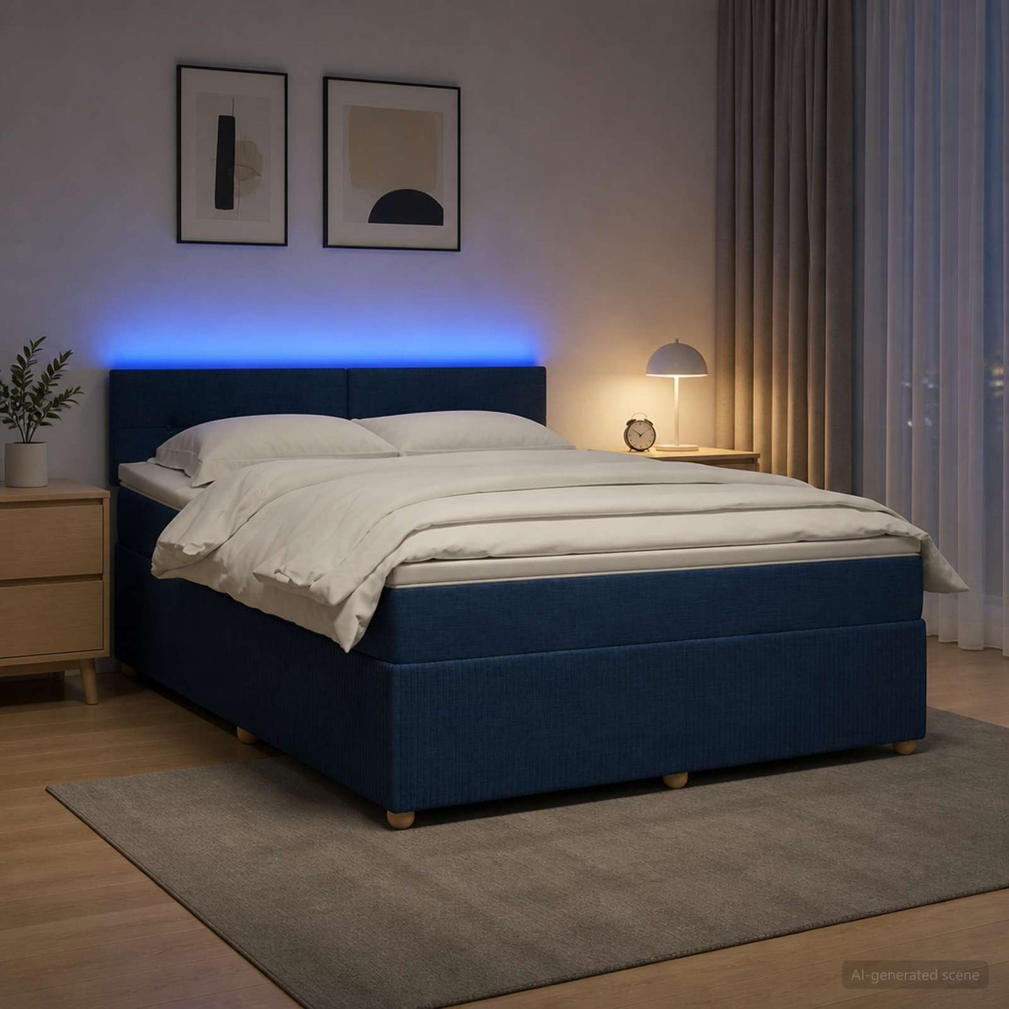 Boxmadras med topmadras med hovedgærde Blå 180 x 200 cm Stof