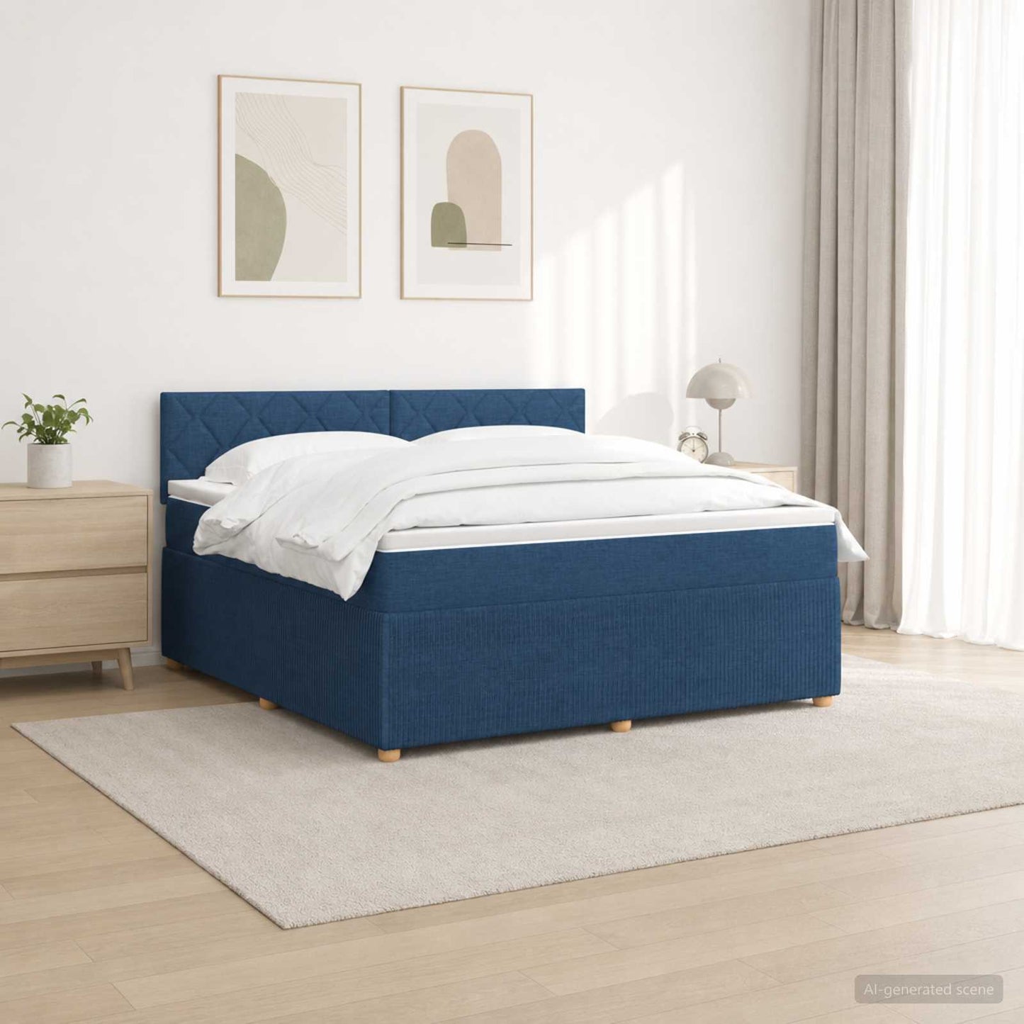 Boxmadras med topmadras med hovedgærde Blå 180 x 200 cm Stof