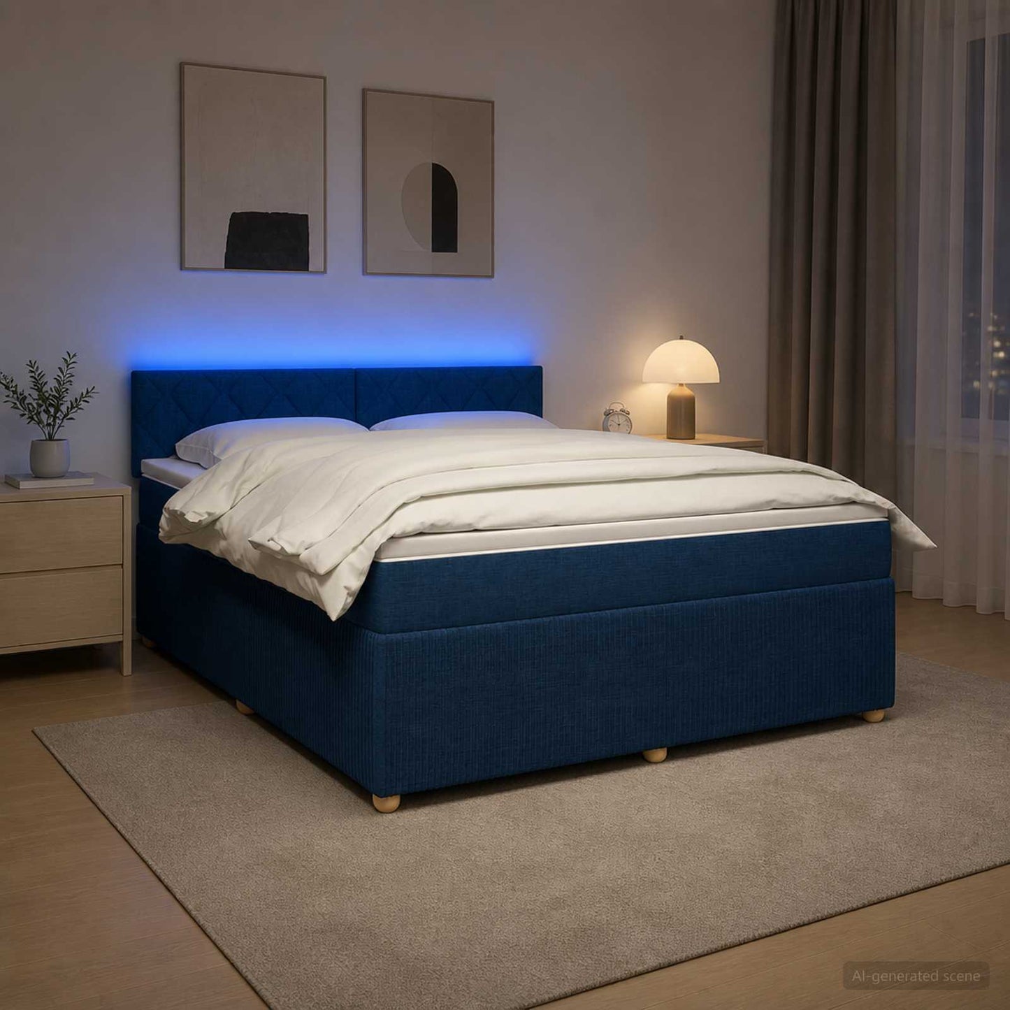 Boxmadras med topmadras med hovedgærde Blå 180 x 200 cm Stof