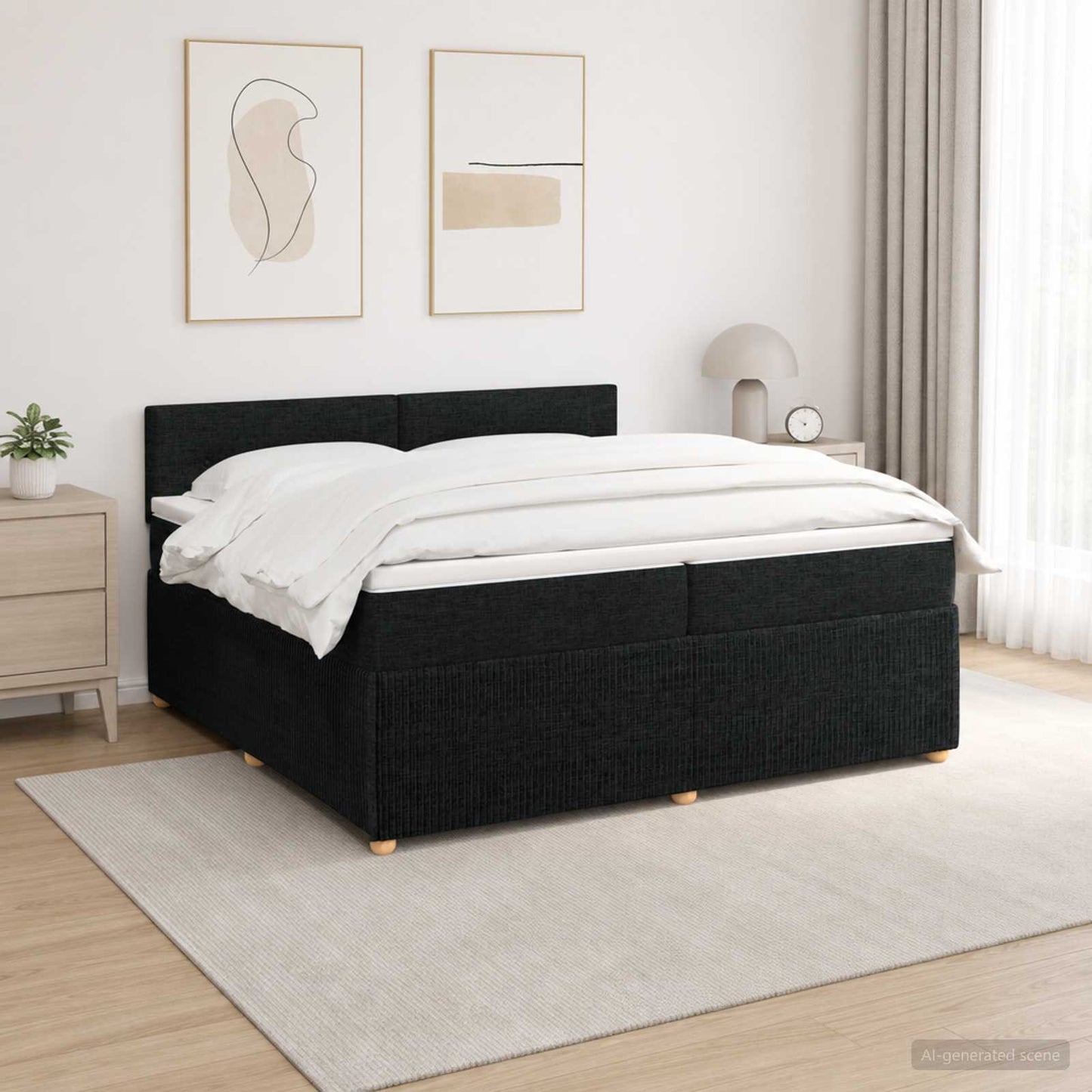 Boxmadras med topmadras med hovedgærde Sort 200 x 200 cm Stof
