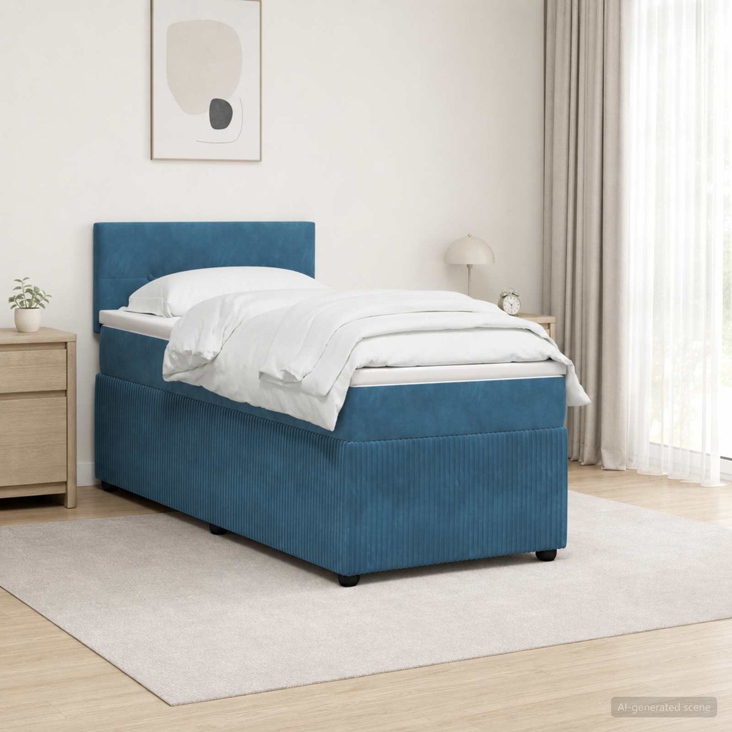 Boxmadras med topmadras med hovedgærde Blå 90 x 200 cm Fløjl