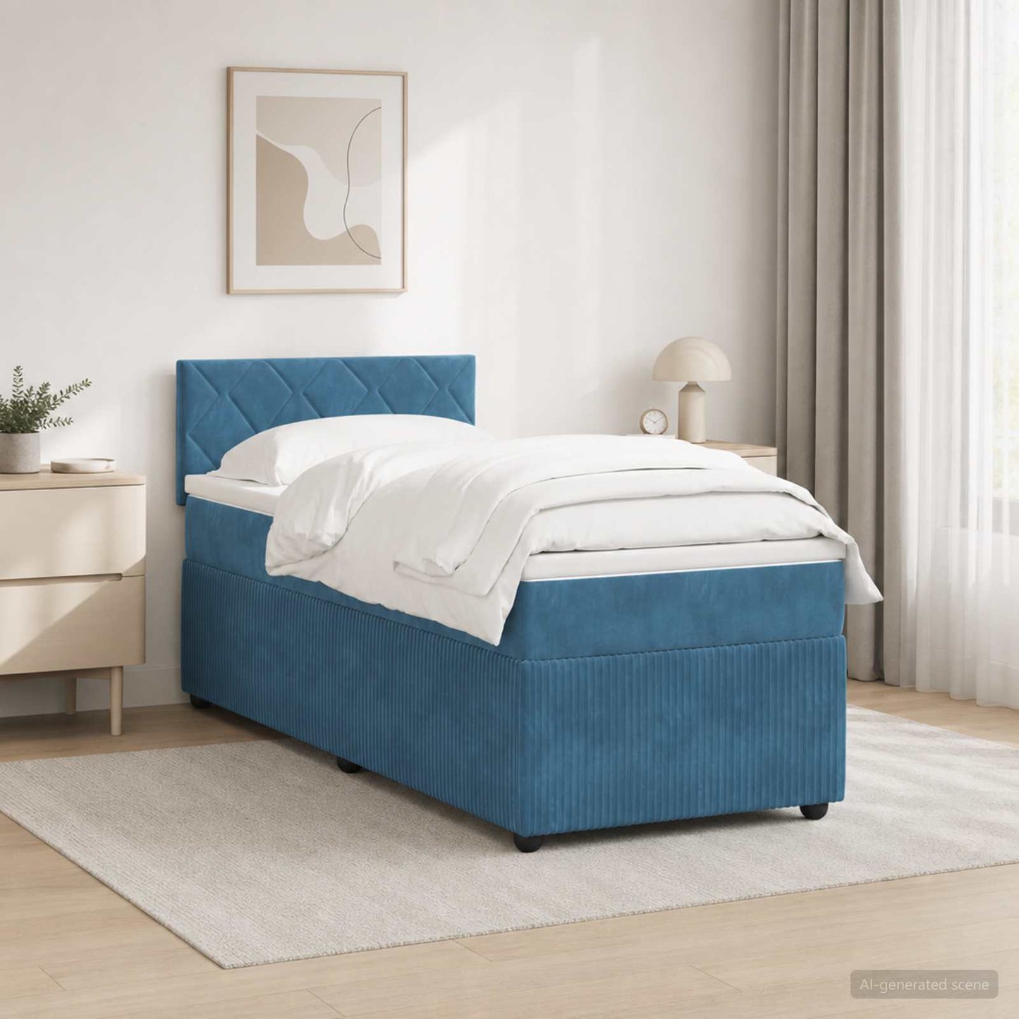 Boxmadras med topmadras med hovedgærde Blå 100 x 200 cm Fløjl