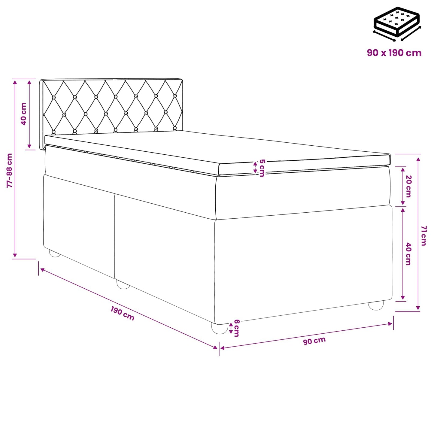 Boxmadras med topmadras med hovedgærde Sort 90 x 190 cm Fløjl