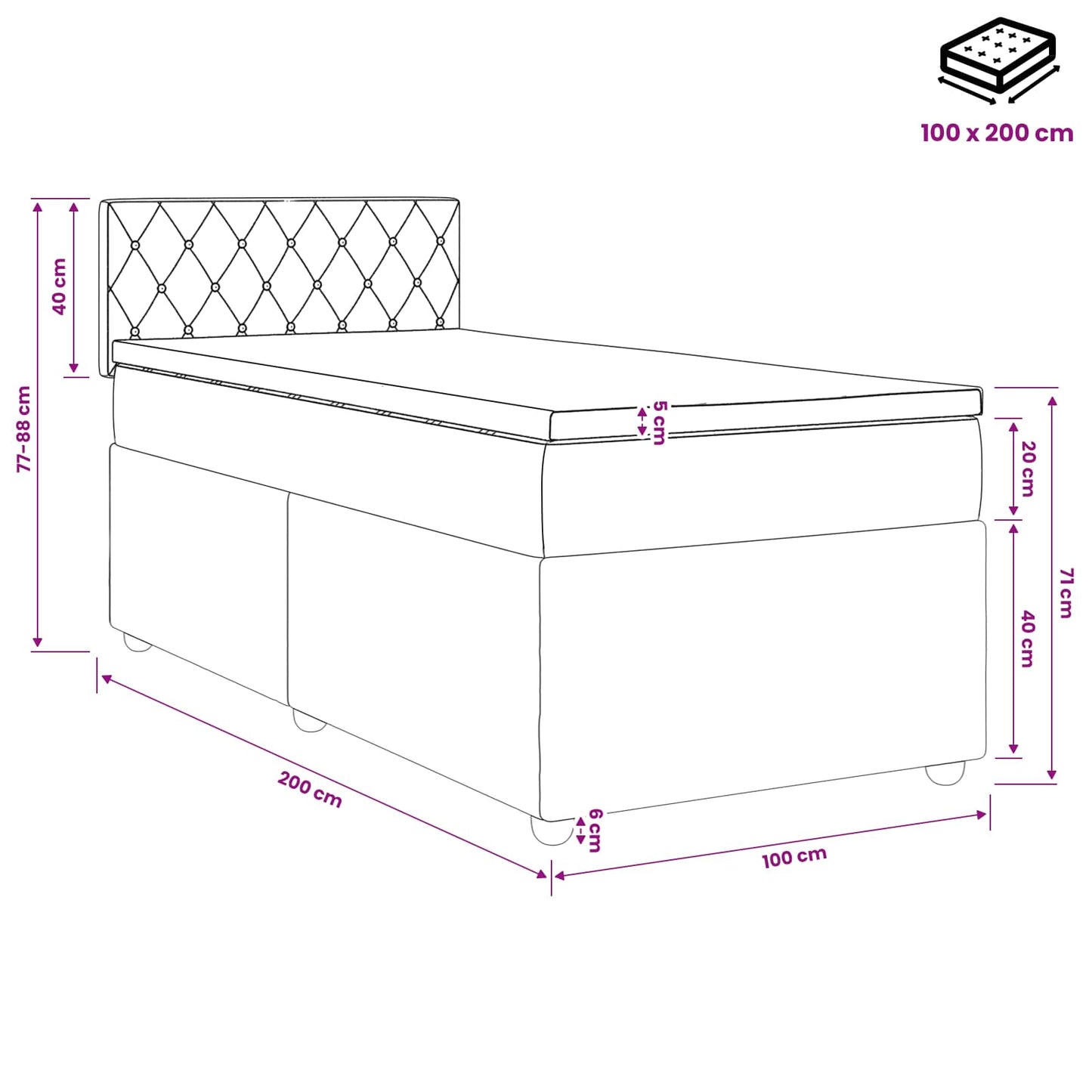 Boxmadras med topmadras med hovedgærde Sort 100 x 200 cm Fløjl