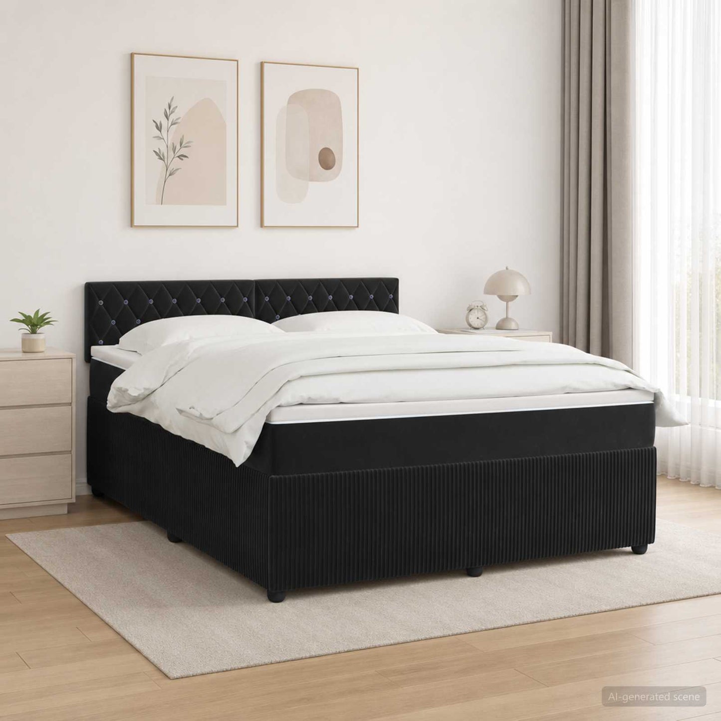 Boxmadras med topmadras med hovedgærde Sort 140 x 190 cm Fløjl