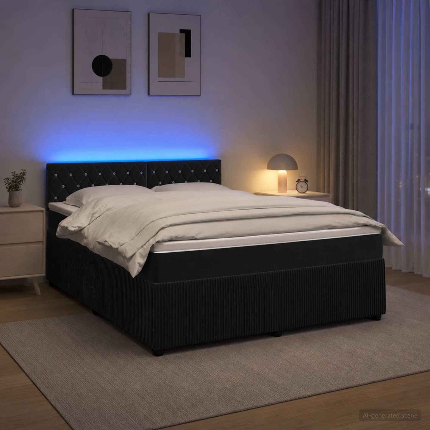 Boxmadras med topmadras med hovedgærde Sort 140 x 190 cm Fløjl