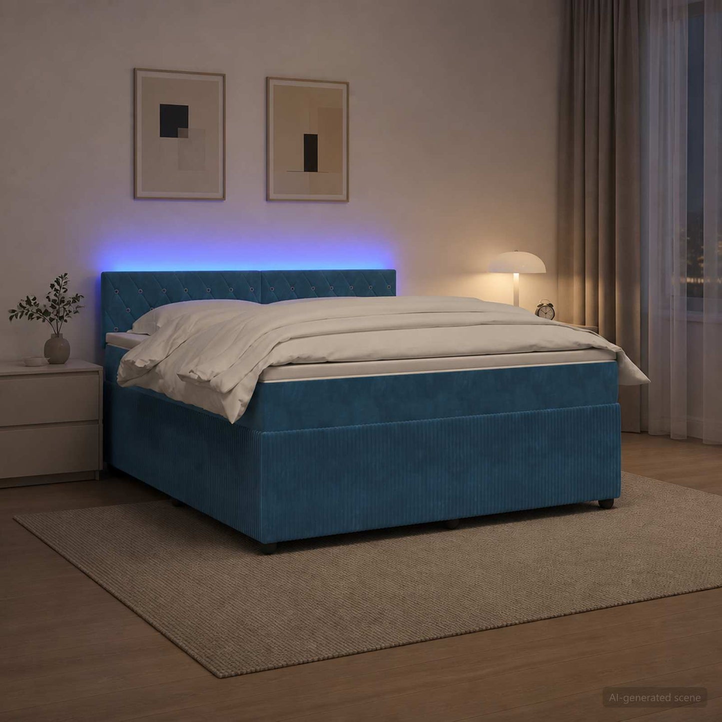 Boxmadras med topmadras med hovedgærde Blå 160 x 200 cm Fløjl