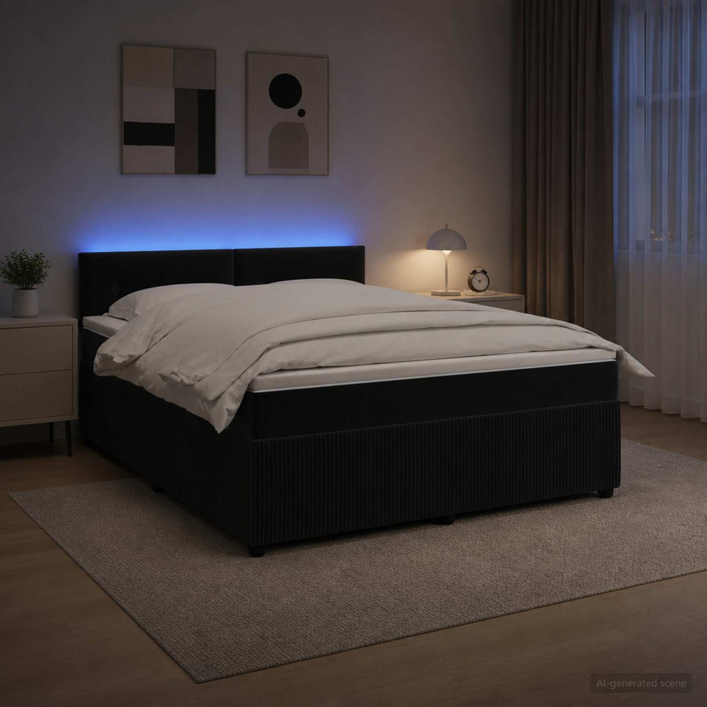 Boxmadras med topmadras med hovedgærde Sort 160 x 200 cm Fløjl