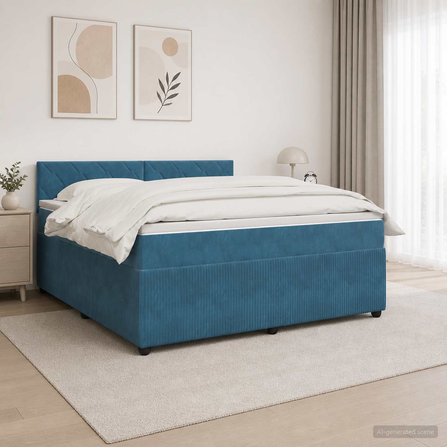 Boxmadras med topmadras med hovedgærde Blå 140 x 190 cm Fløjl