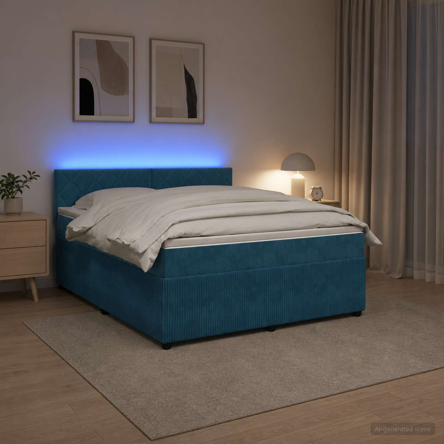 Boxmadras med topmadras med hovedgærde Blå 160 x 200 cm Fløjl