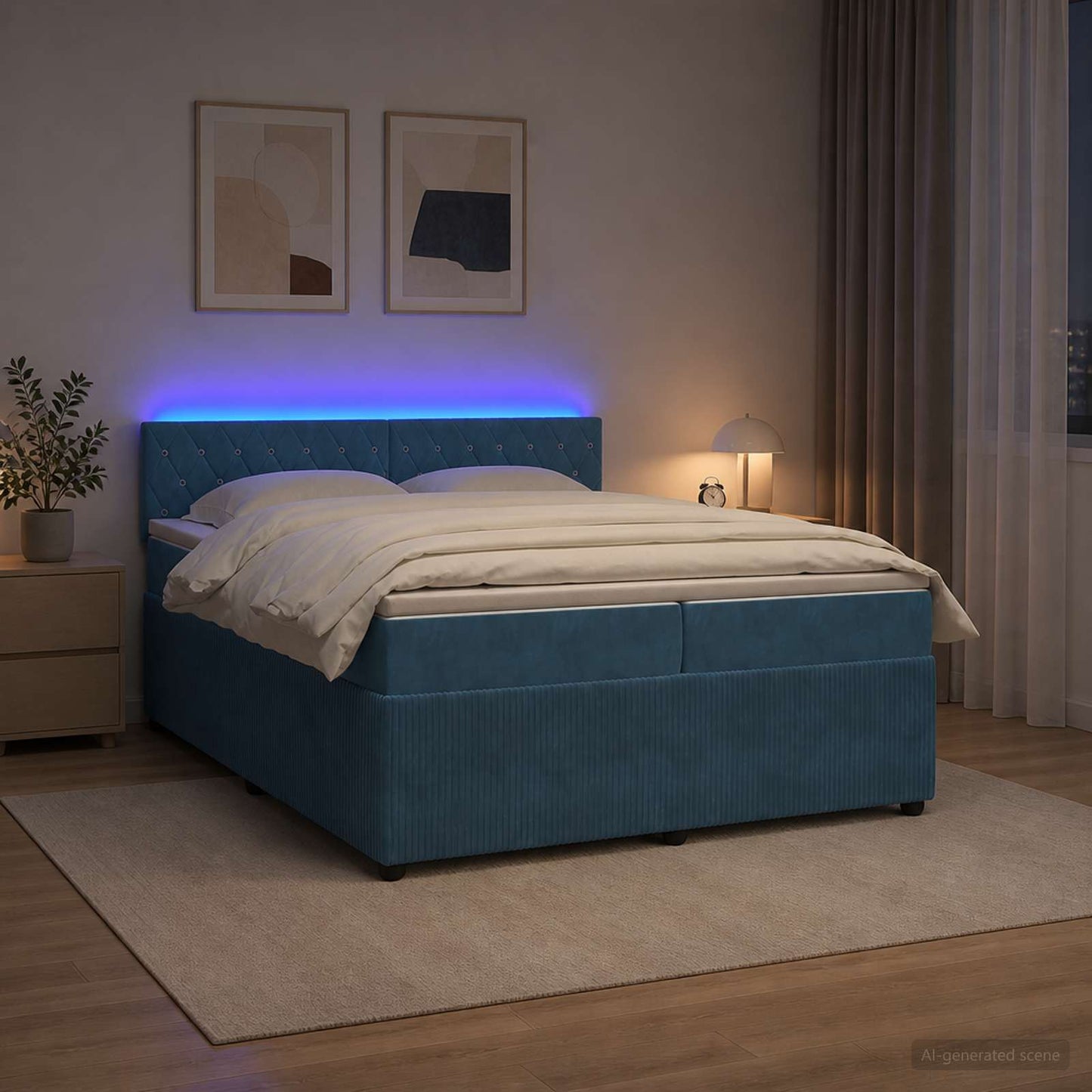 Boxmadras med topmadras med hovedgærde Blå 200 x 200 cm Fløjl