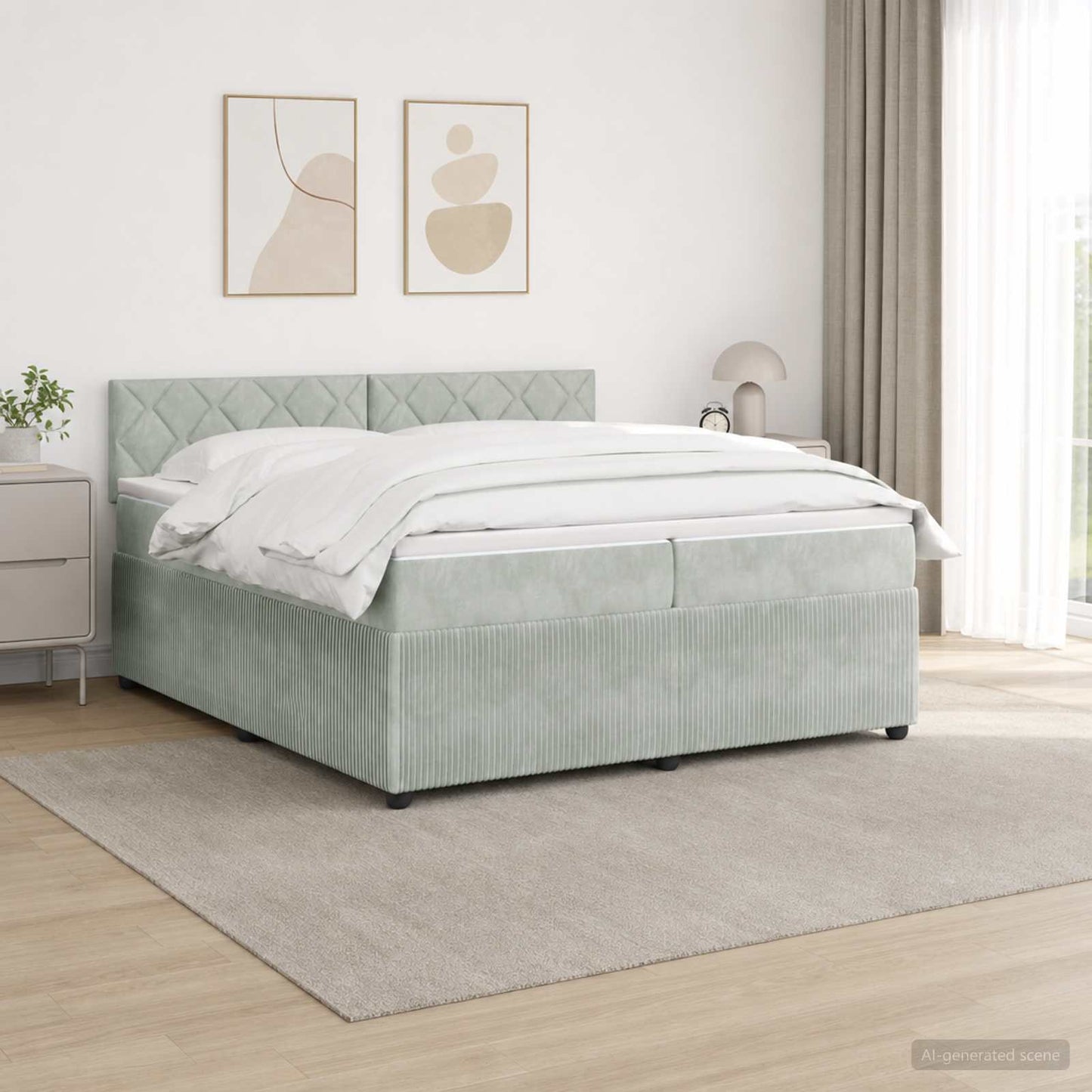 Boxmadras med topmadras Lysegrå 200 x 200 cm Fløjl