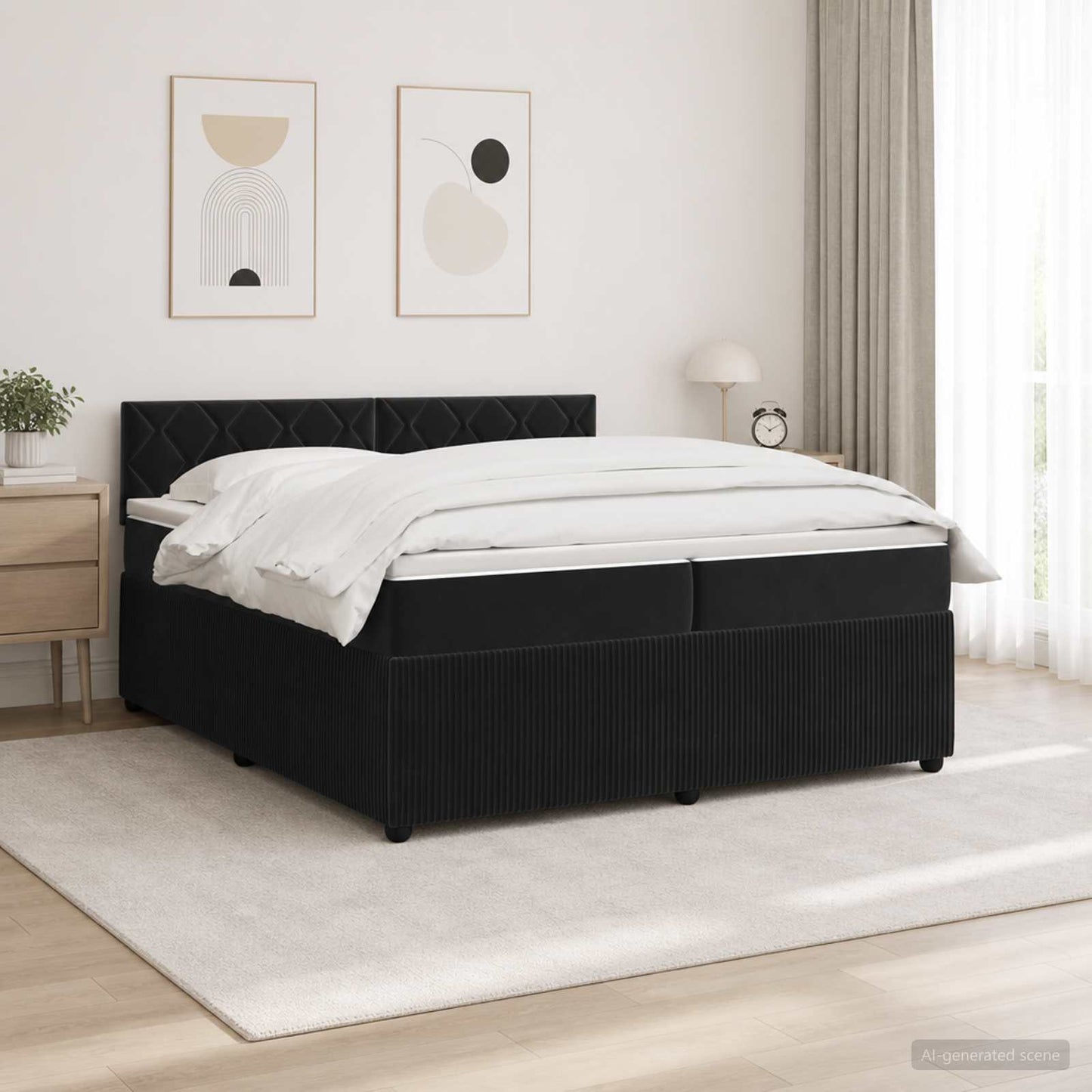 Boxmadras med topmadras med hovedgærde Sort 200 x 200 cm Fløjl