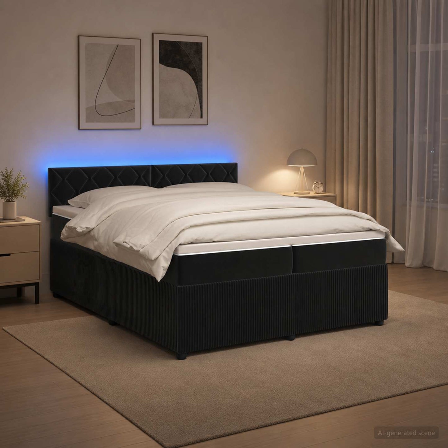 Boxmadras med topmadras med hovedgærde Sort 200 x 200 cm Fløjl