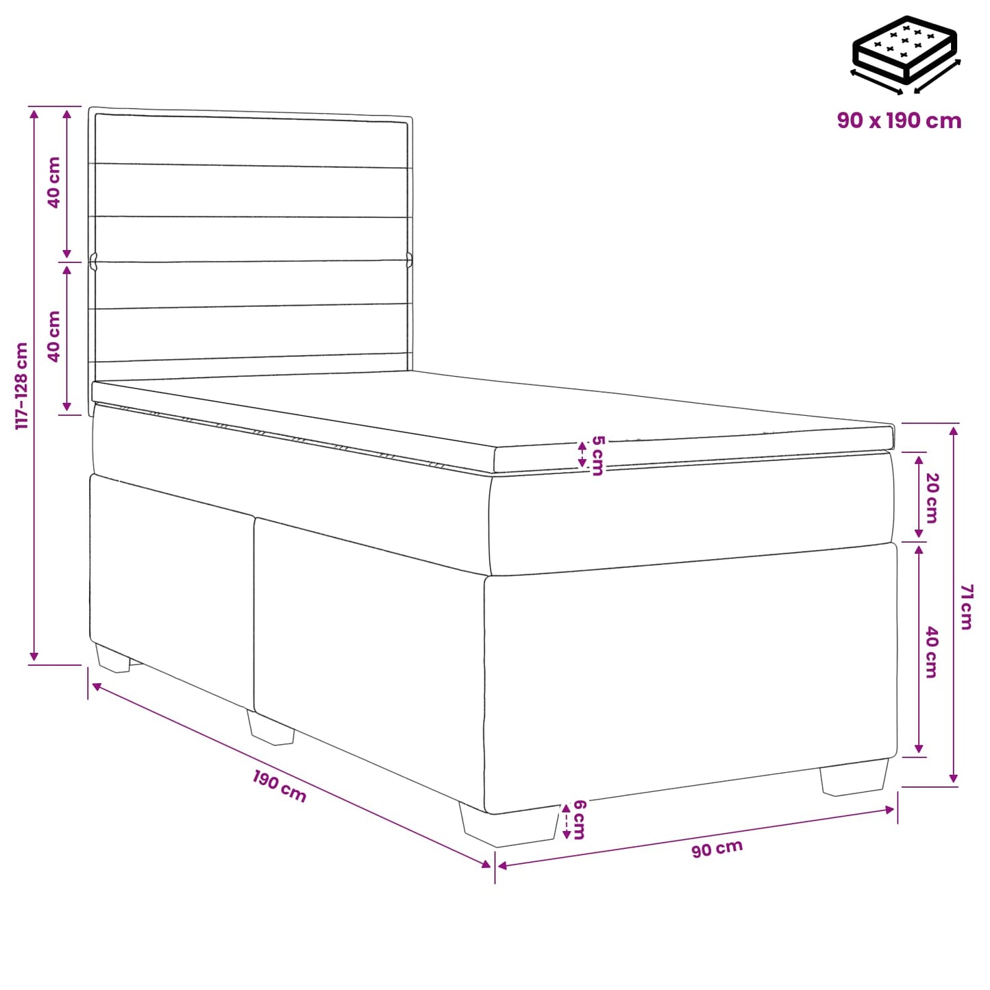 Boxmadras med topmadras med hovedgærde Sort 90 x 190 cm Stof