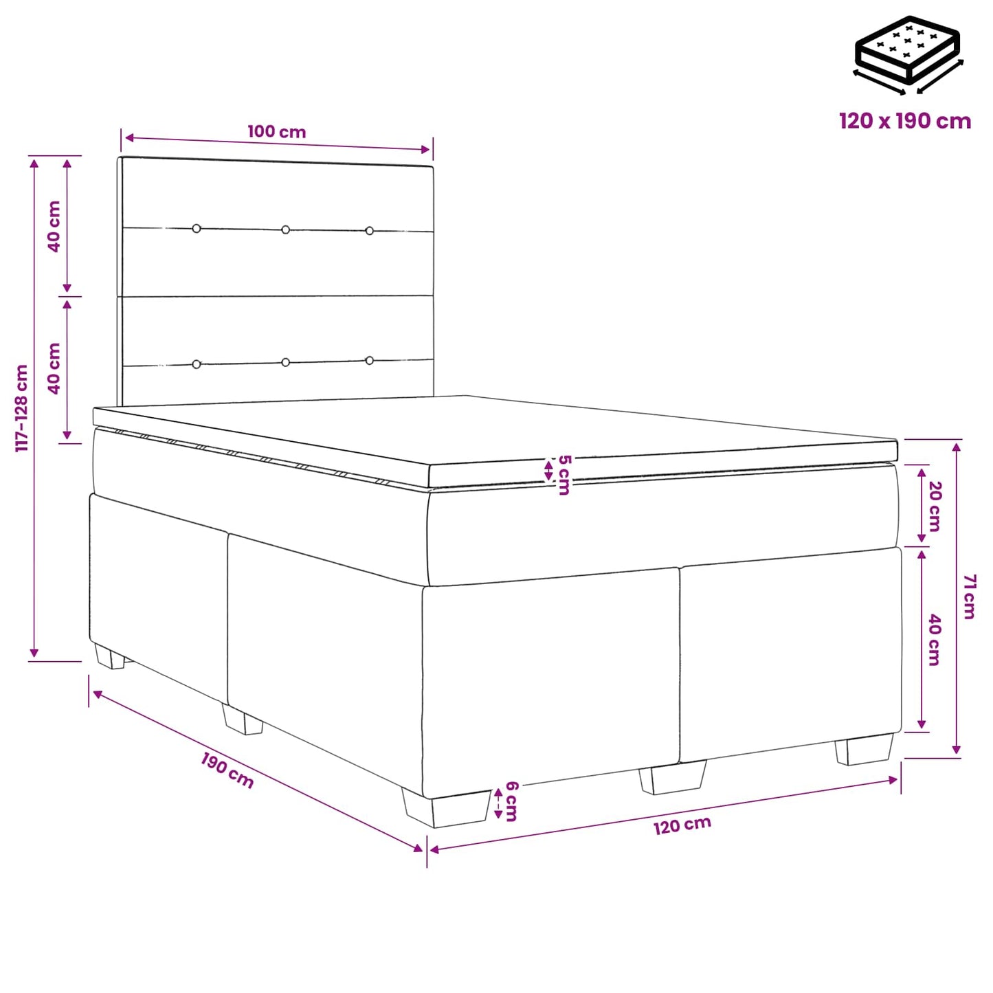 Boxmadras med topmadras Lysegrå 120 x 190 cm Stof