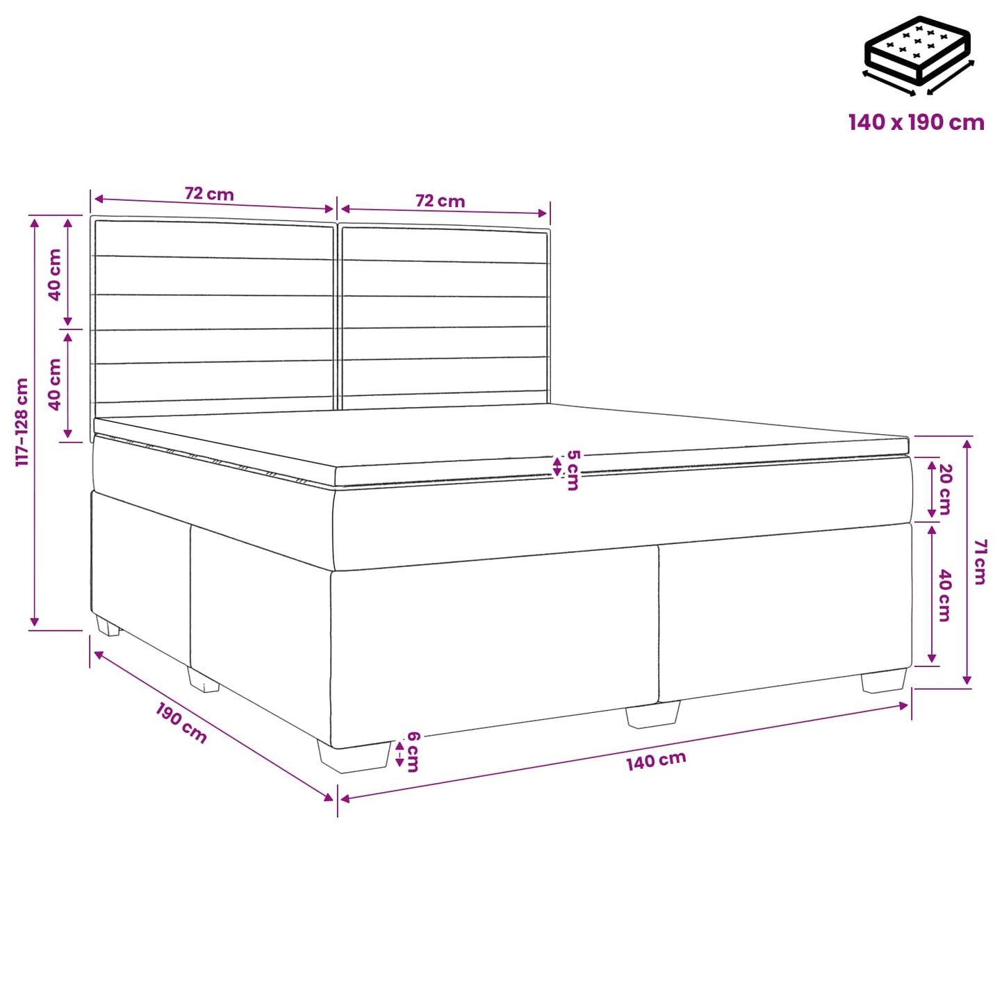 Boxmadras med topmadras Lysegrå 140 x 190 cm Stof