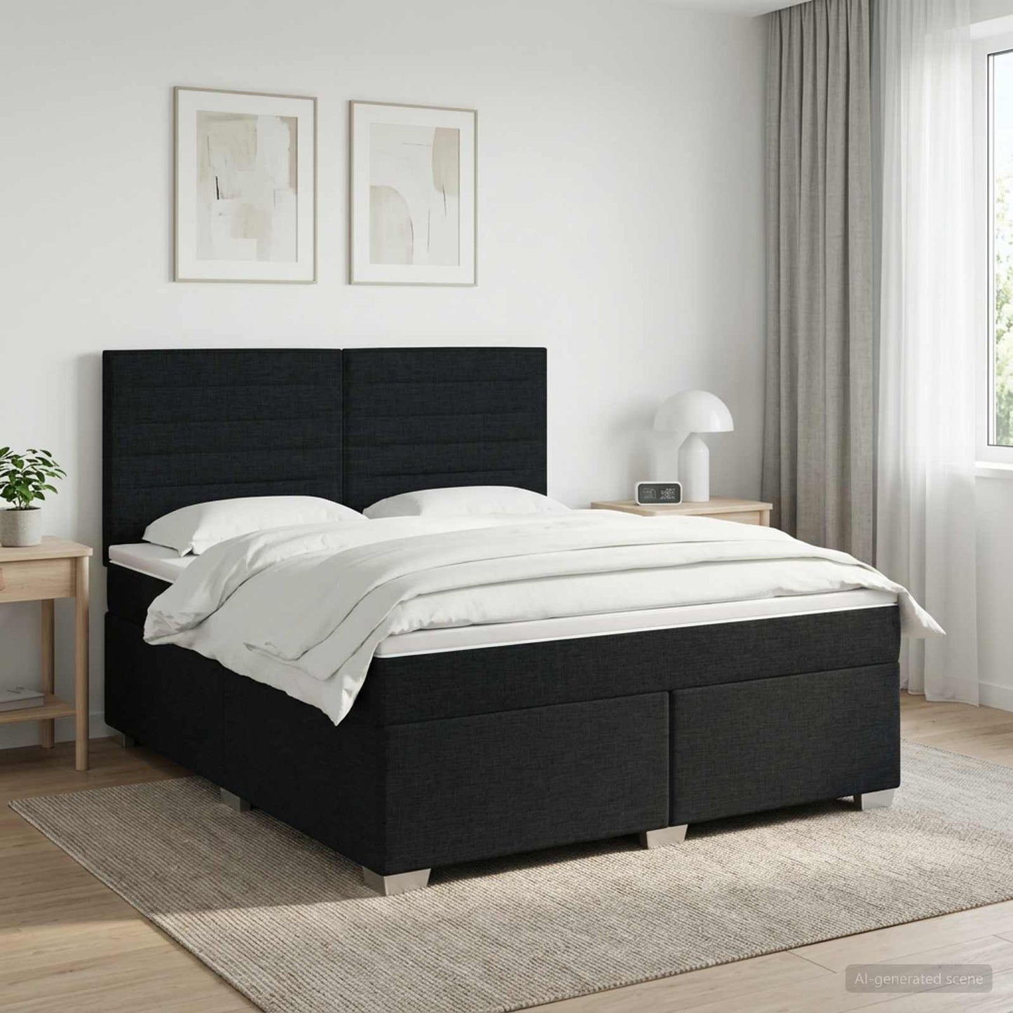 Boxmadras med topmadras med hovedgærde Sort 160 x 200 cm Stof