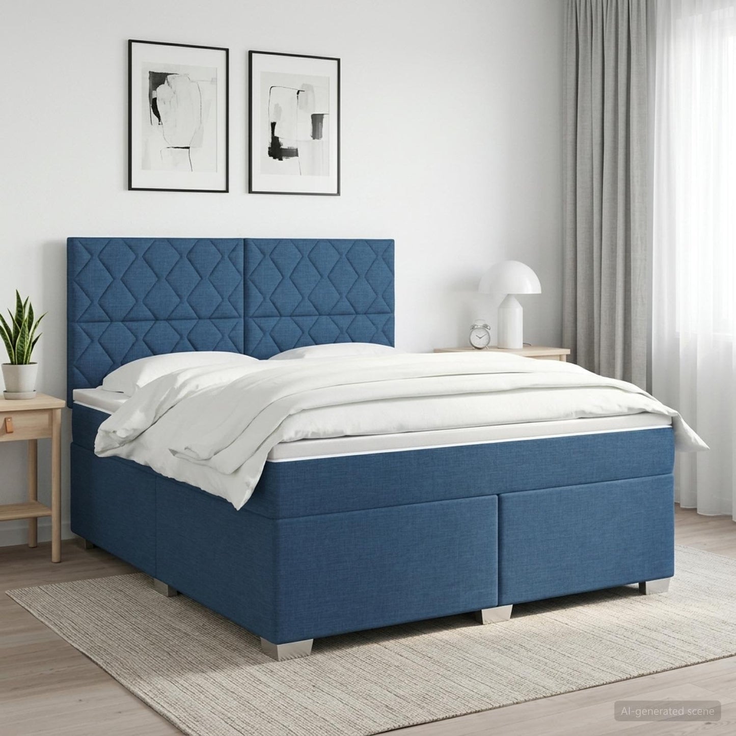 Boxmadras med topmadras med hovedgærde Blå 180 x 200 cm Stof