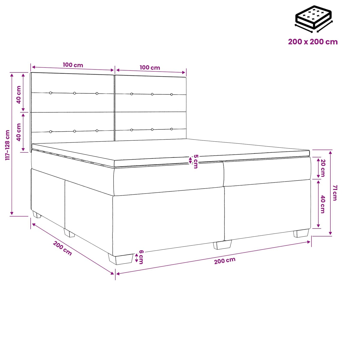 Boxmadras med topmadras Mørkegrå 200 x 200 cm Stof