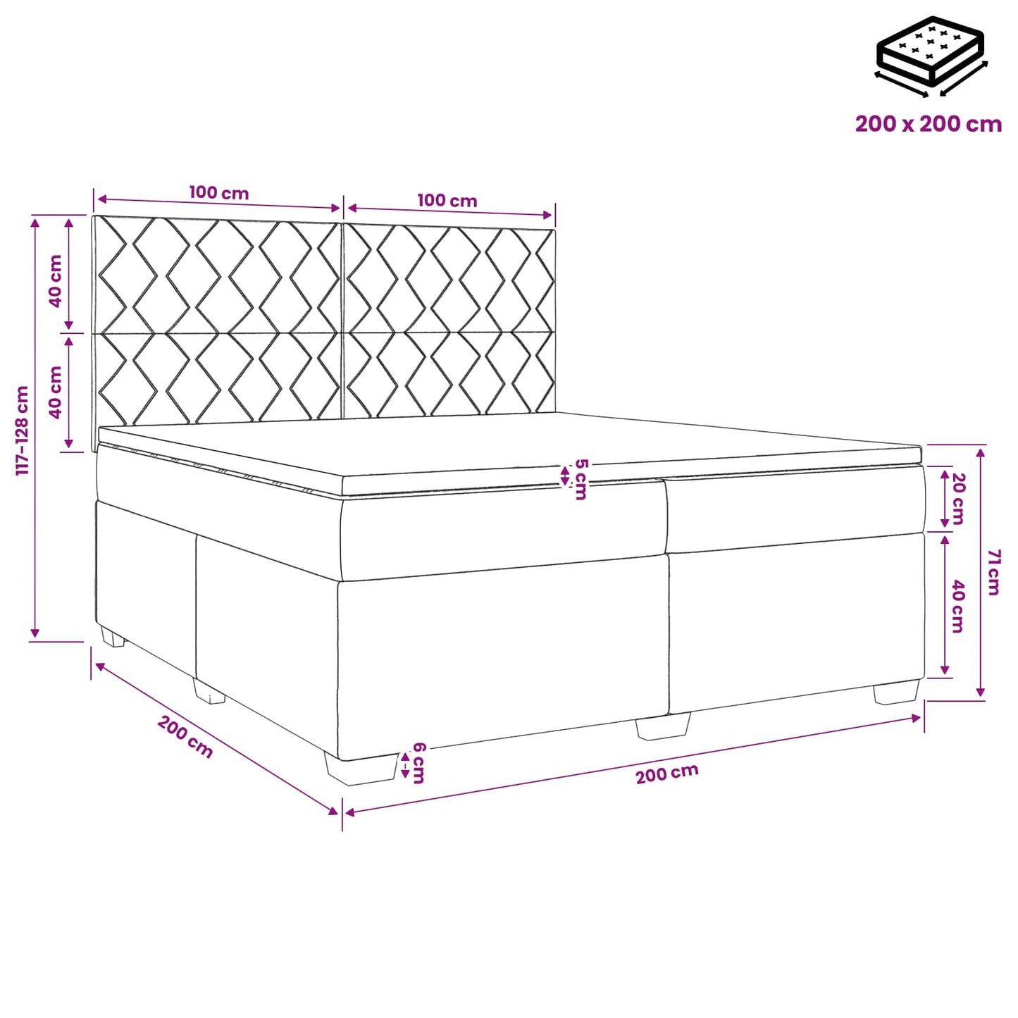 Boxmadras med topmadras Mørkegrå 200 x 200 cm Stof