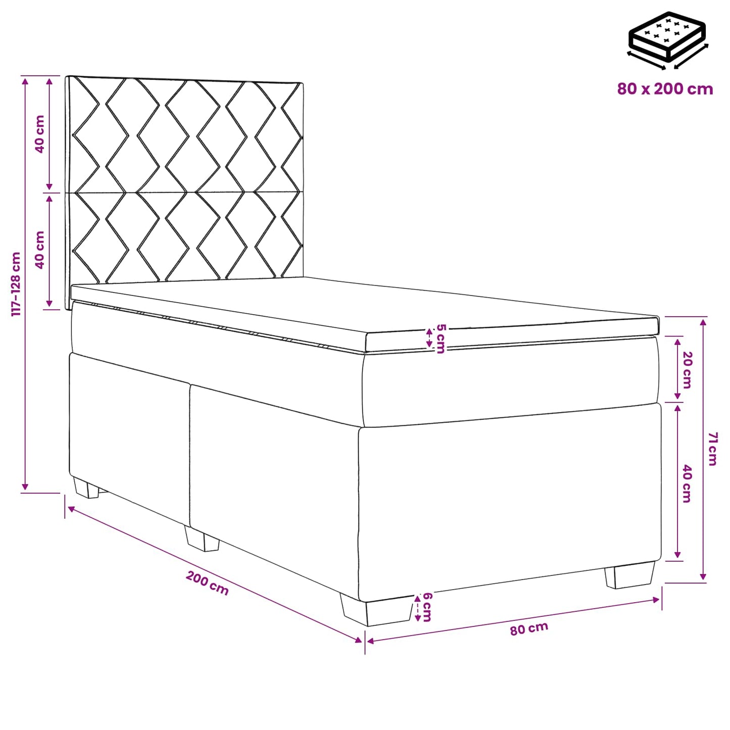 Boxmadras med topmadras Lysegrå 80 x 200 cm Fløjl