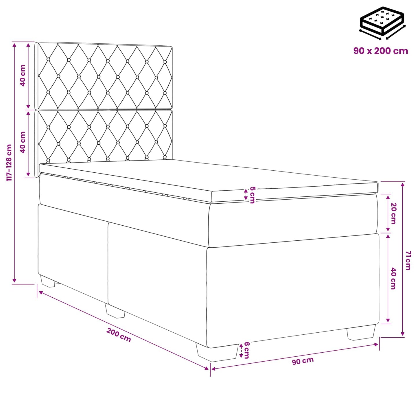 Boxmadras med topmadras Lyserød 90 x 200 cm Fløjl