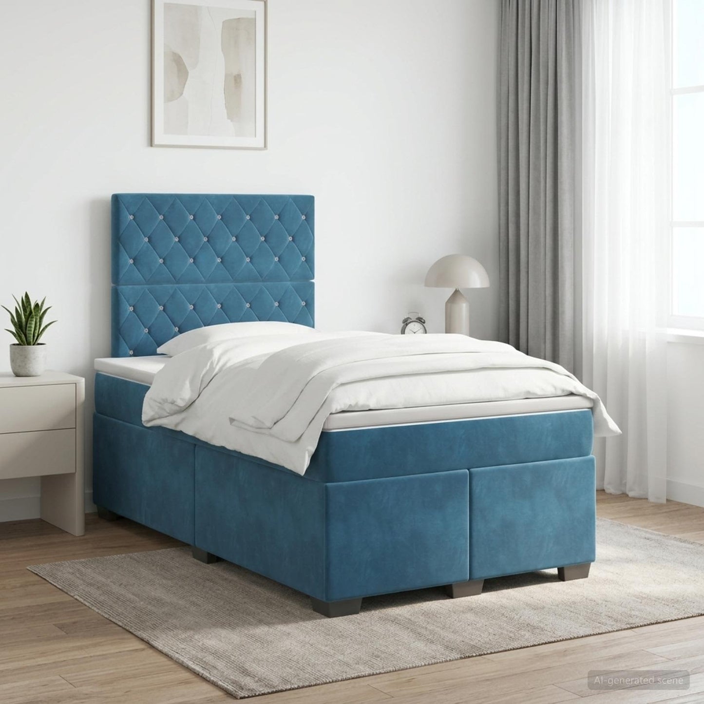 Boxmadras med topmadras med hovedgærde Blå 120 x 190 cm Fløjl