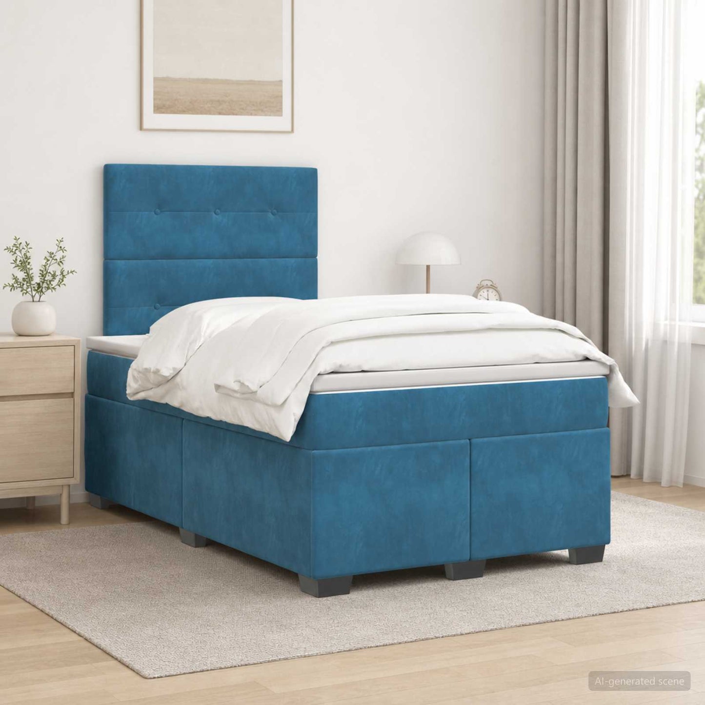 Boxmadras med topmadras med hovedgærde Blå 120 x 190 cm Fløjl