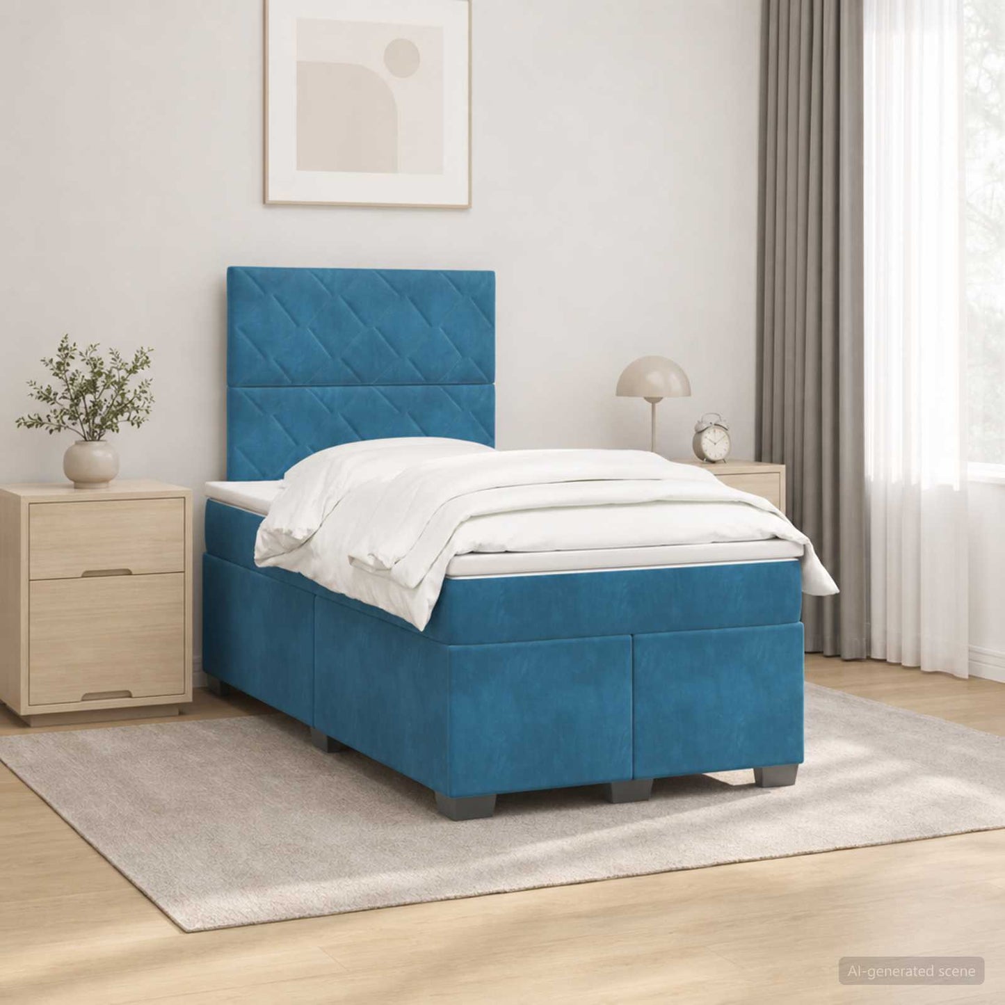 Boxmadras med topmadras med hovedgærde Blå 120 x 190 cm Fløjl