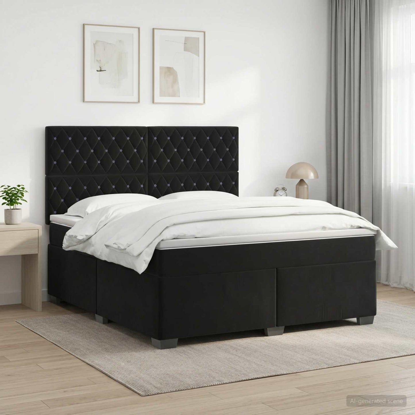 Boxmadras med topmadras med hovedgærde Sort 140 x 190 cm Fløjl