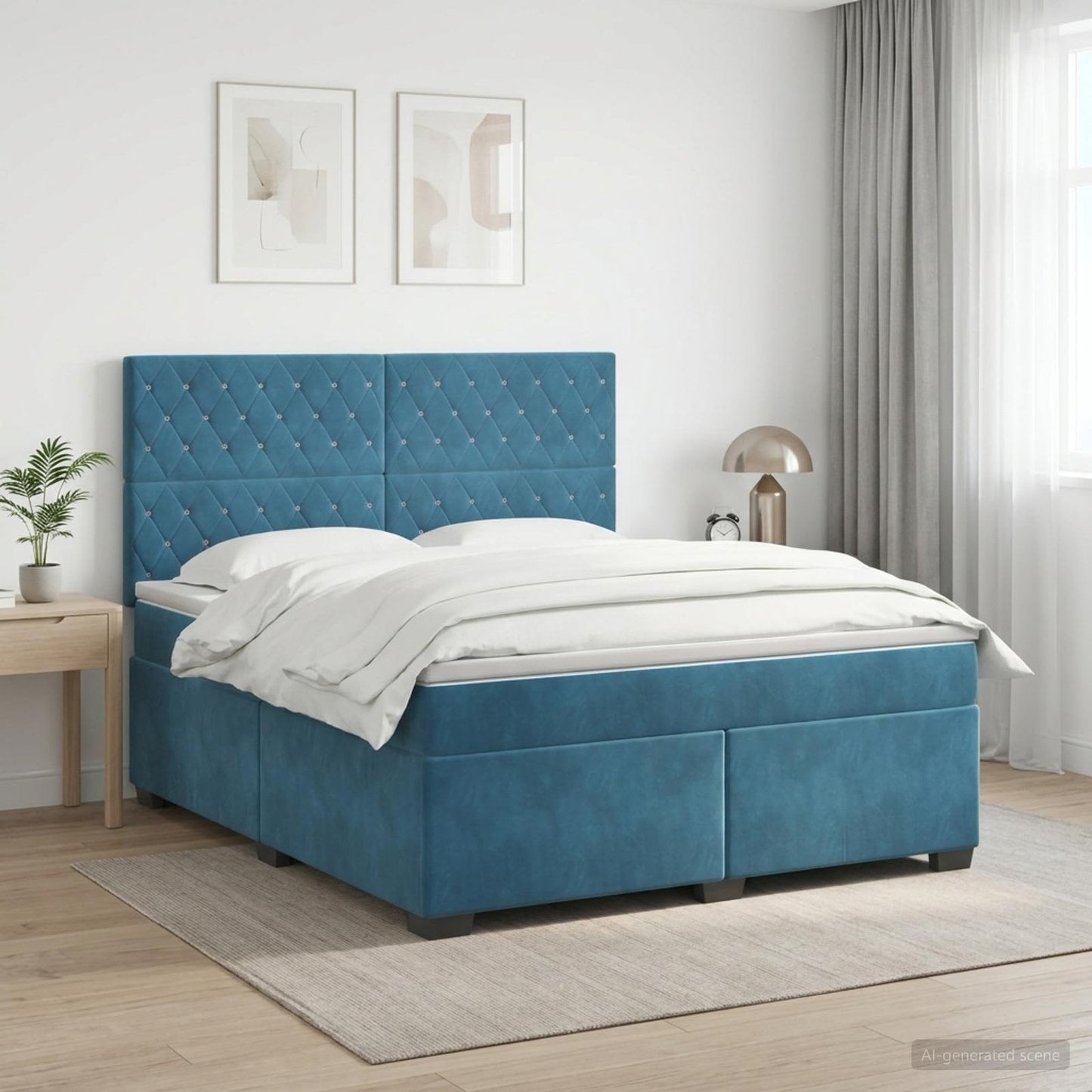 Boxmadras med topmadras med hovedgærde Blå 180 x 200 cm Fløjl