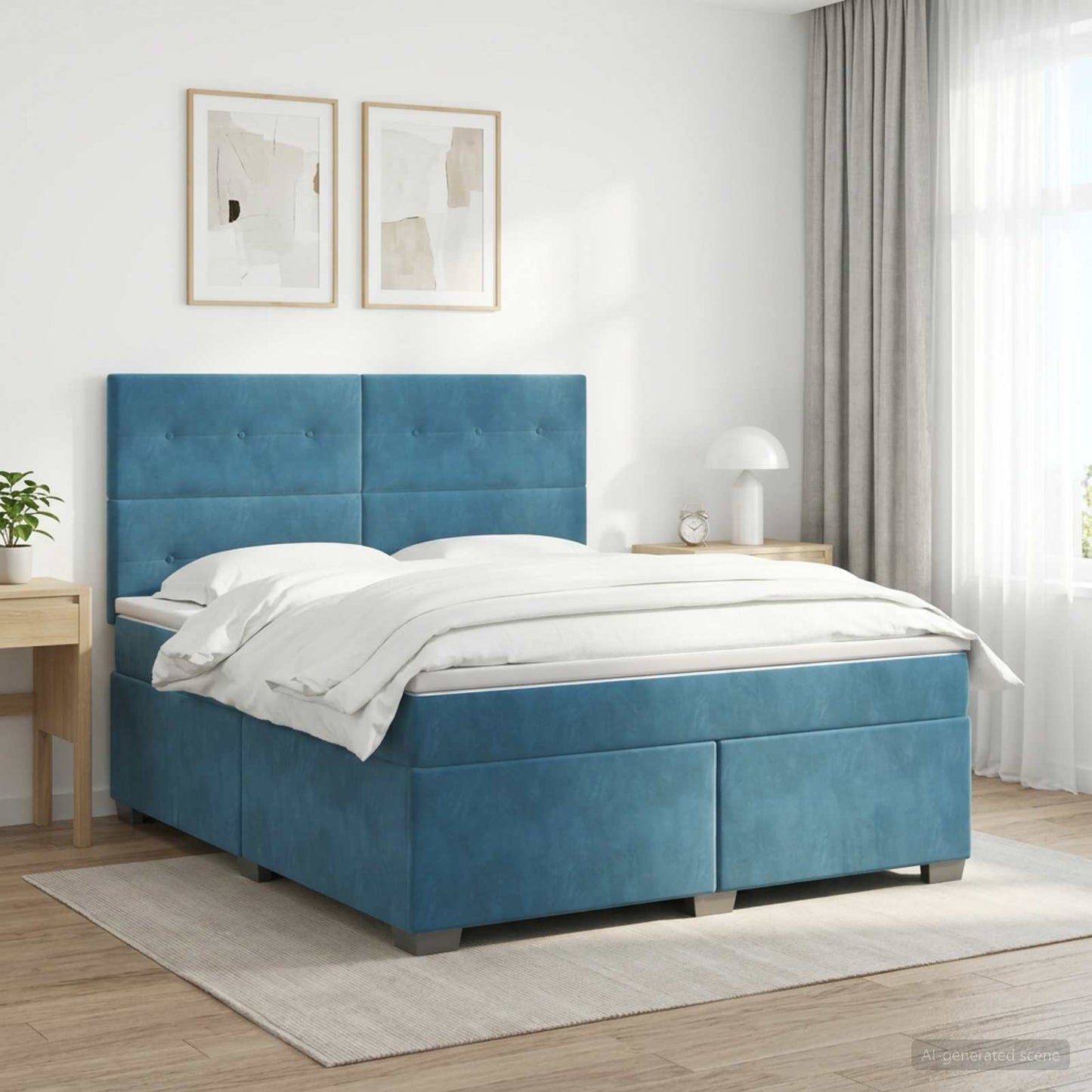 Boxmadras med topmadras med hovedgærde Blå 140 x 200 cm Fløjl