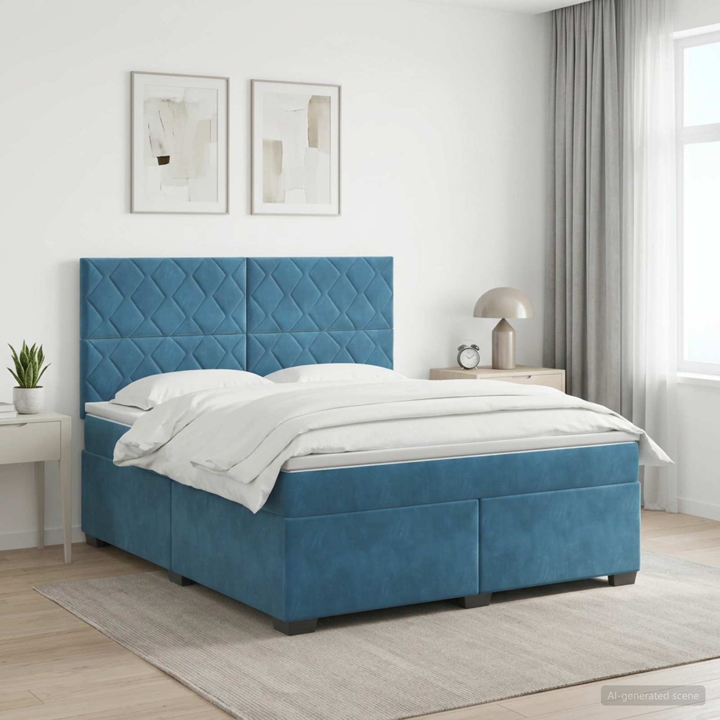 Boxmadras med topmadras med hovedgærde Blå 180 x 200 cm Fløjl