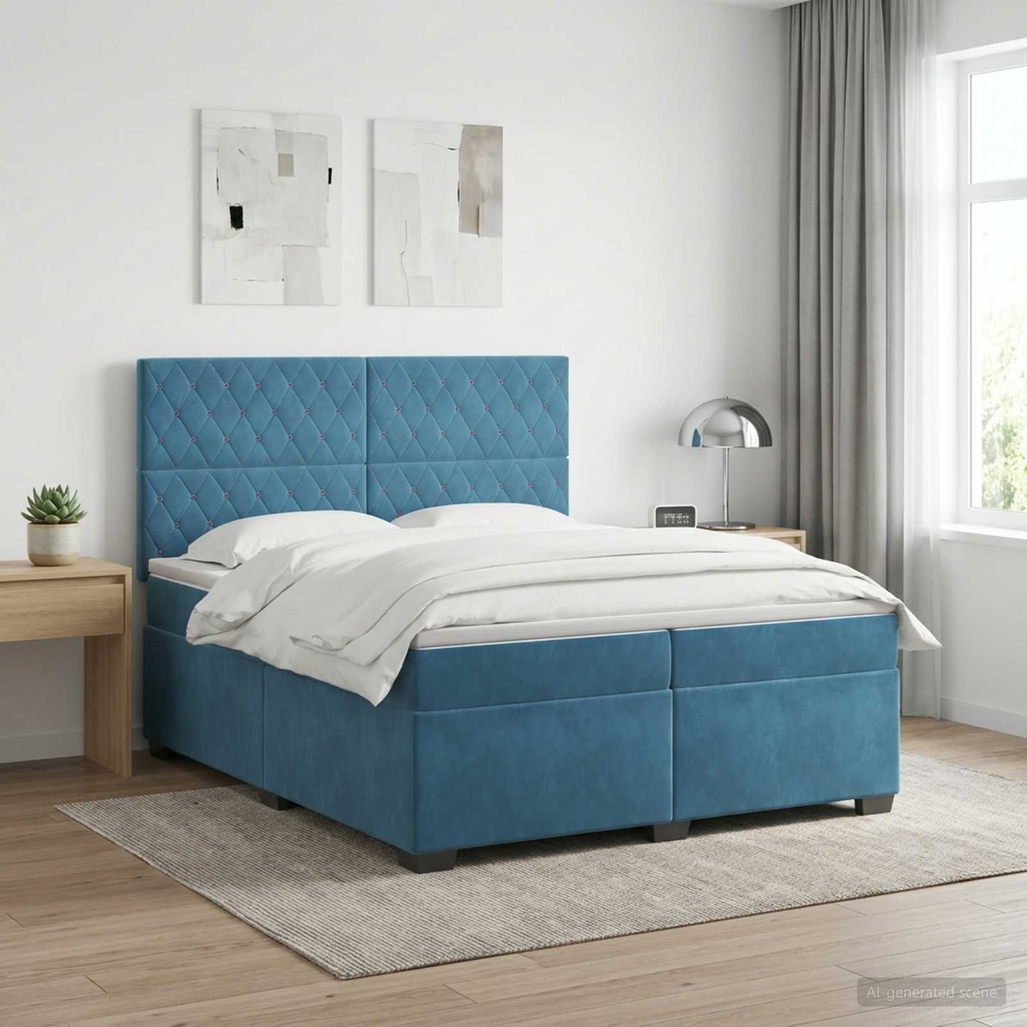 Boxmadras med topmadras med hovedgærde Blå 200 x 200 cm Fløjl