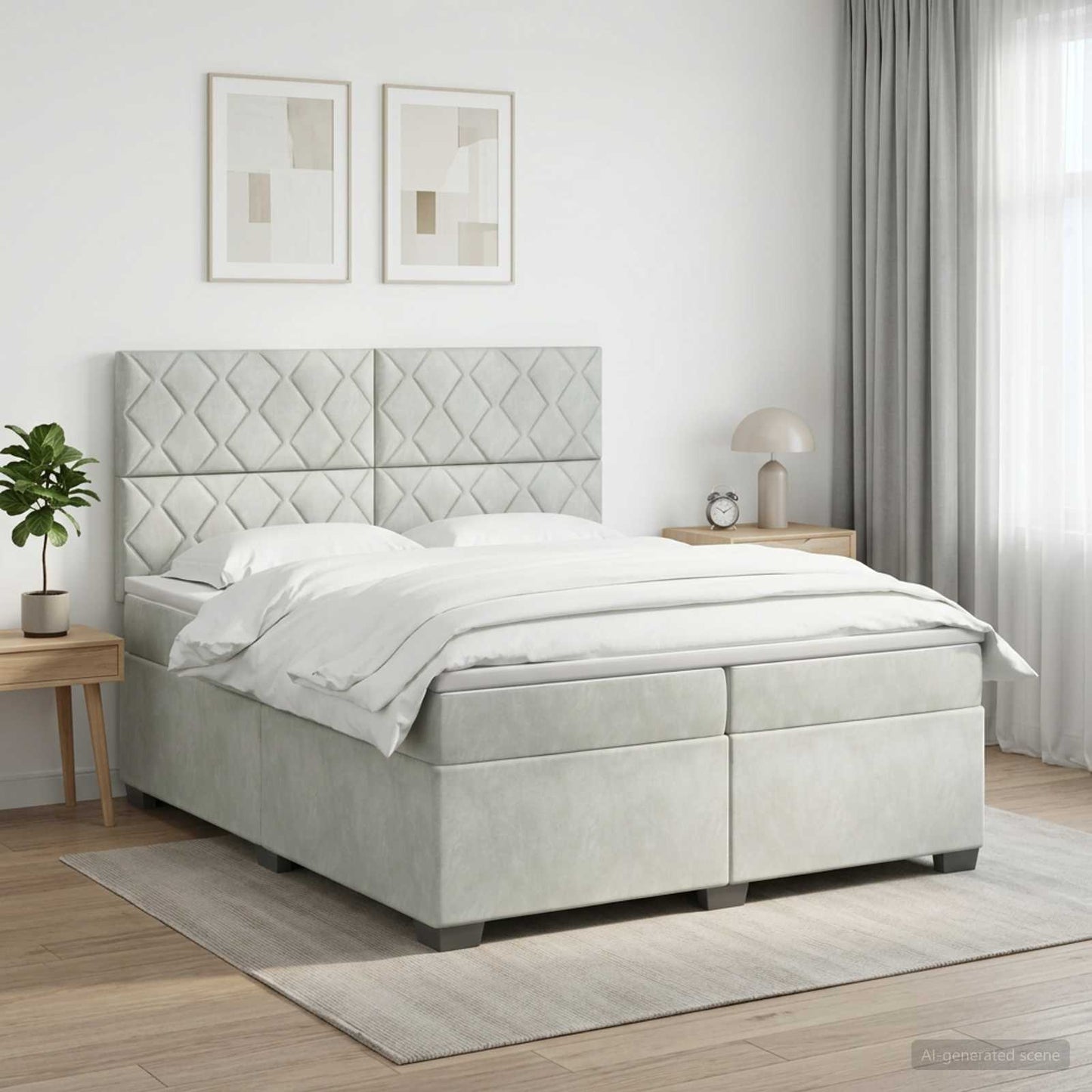 Boxmadras med topmadras Lysegrå 200 x 200 cm Fløjl