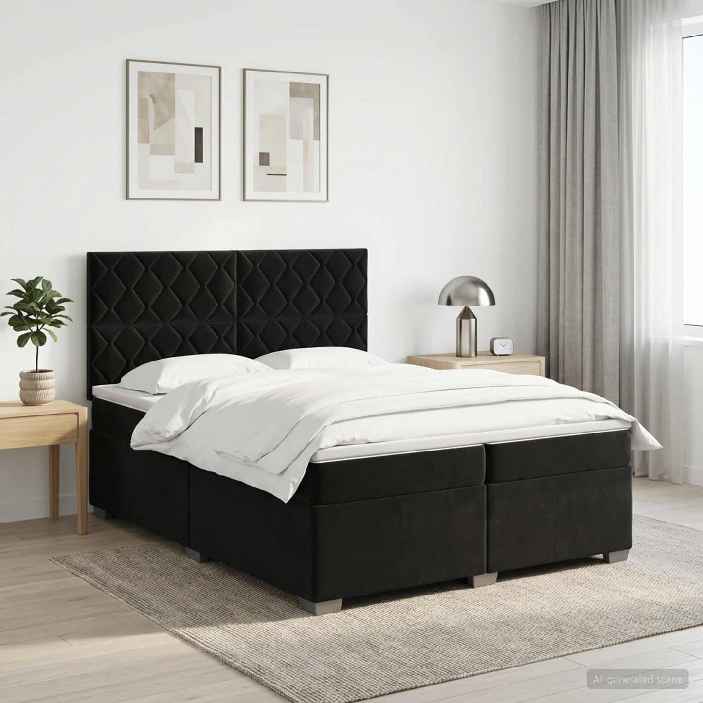 Boxmadras med topmadras med hovedgærde Sort 200 x 200 cm Fløjl