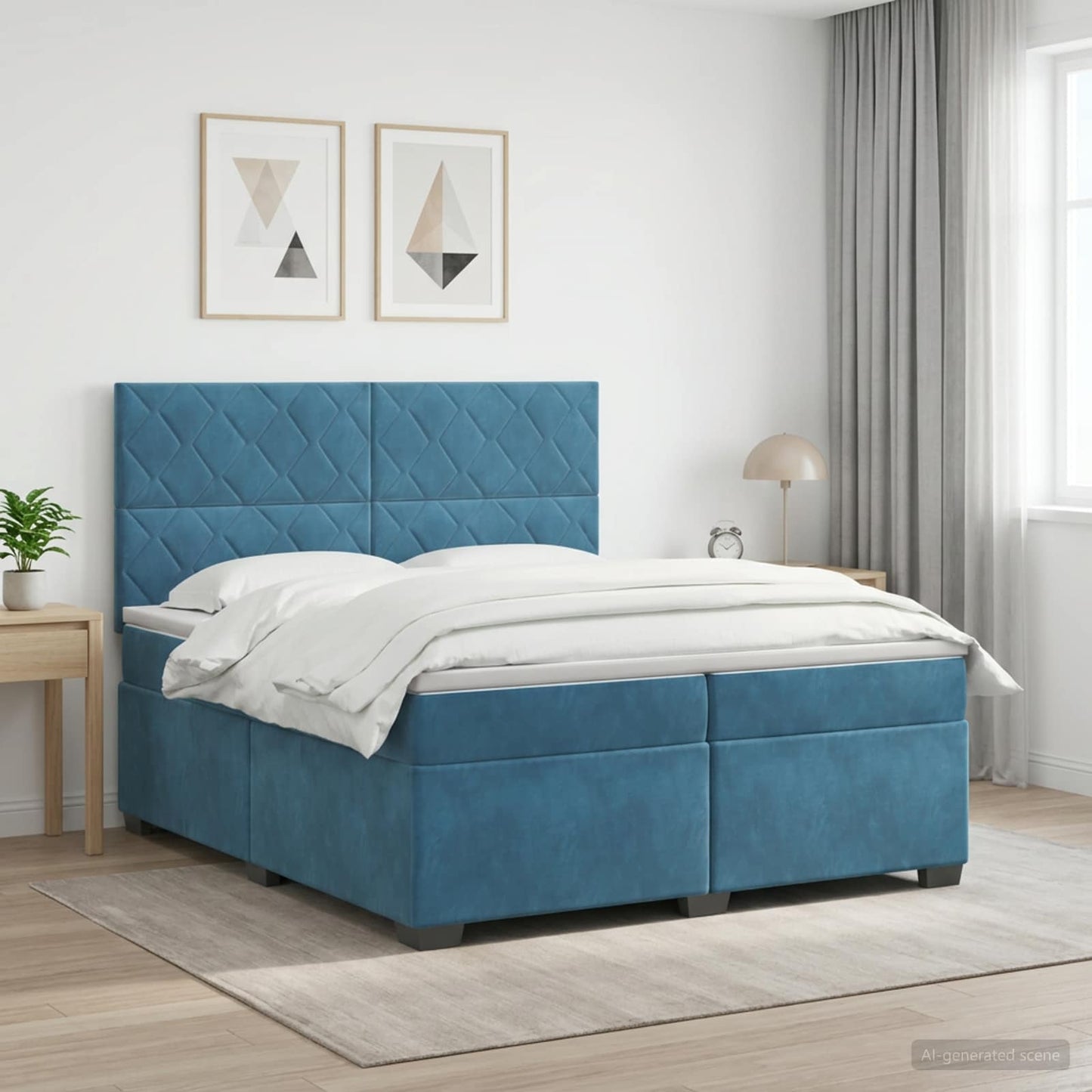Boxmadras med topmadras med hovedgærde Blå 200 x 200 cm Fløjl
