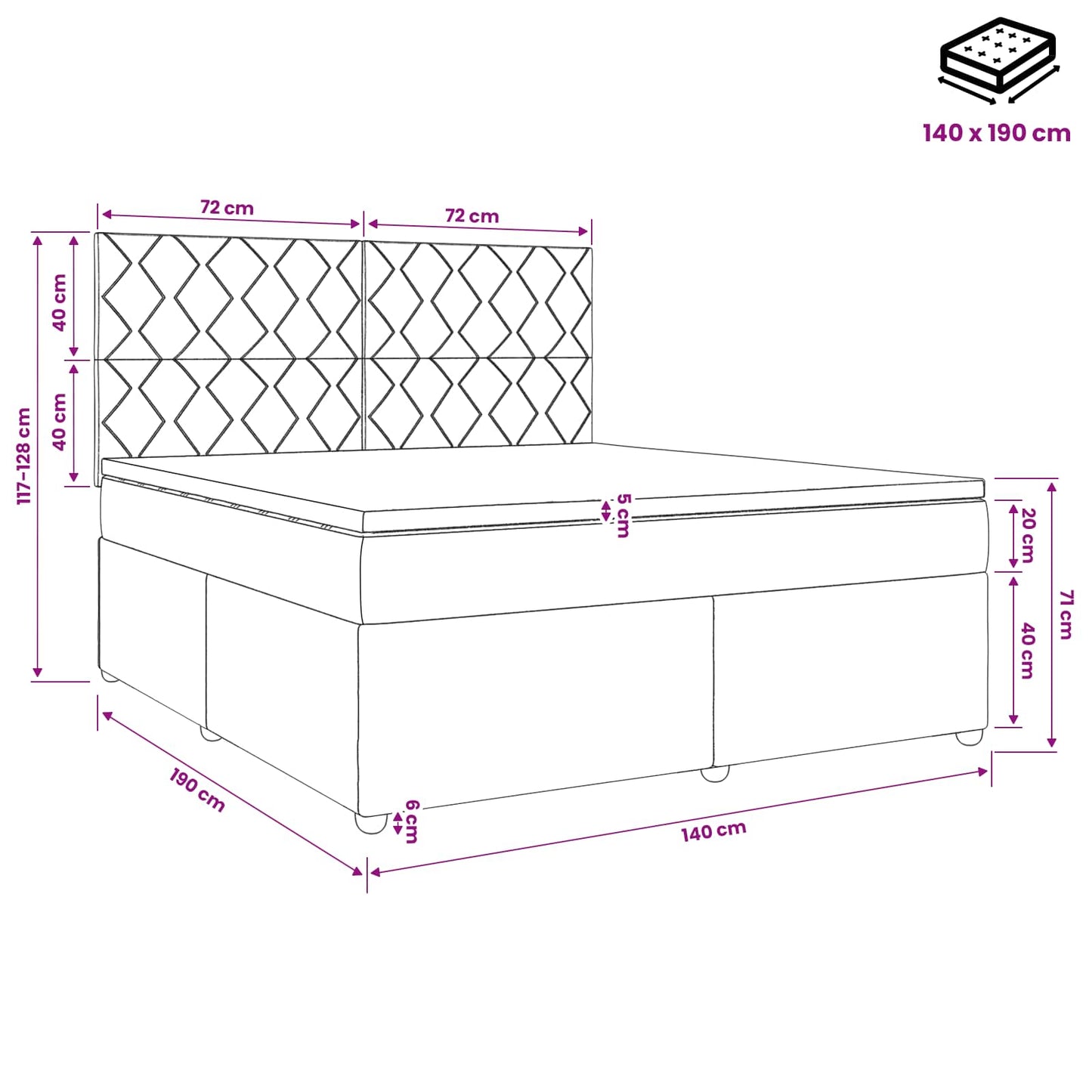 Boxmadras med topmadras Mørkegrå 140 x 190 cm Stof