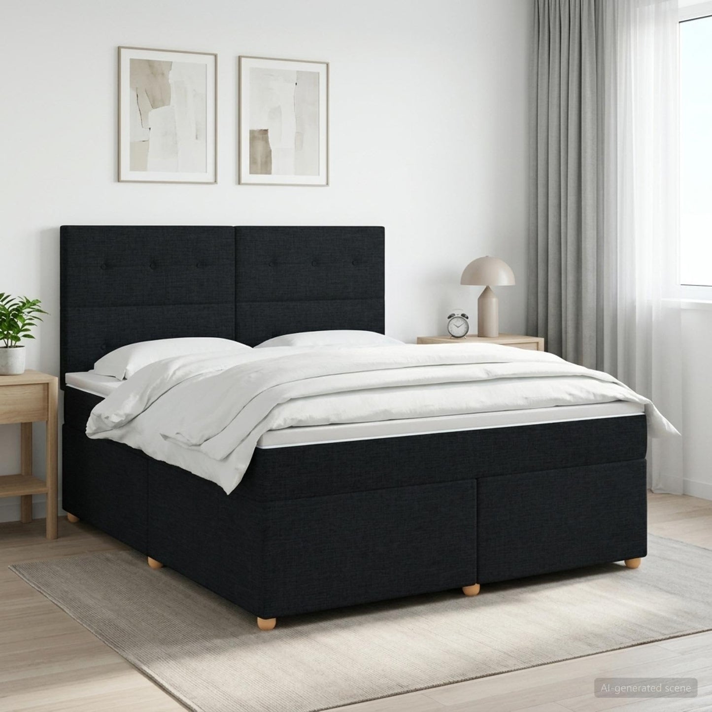 Boxmadras med topmadras med hovedgærde Sort 140 x 190 cm Stof