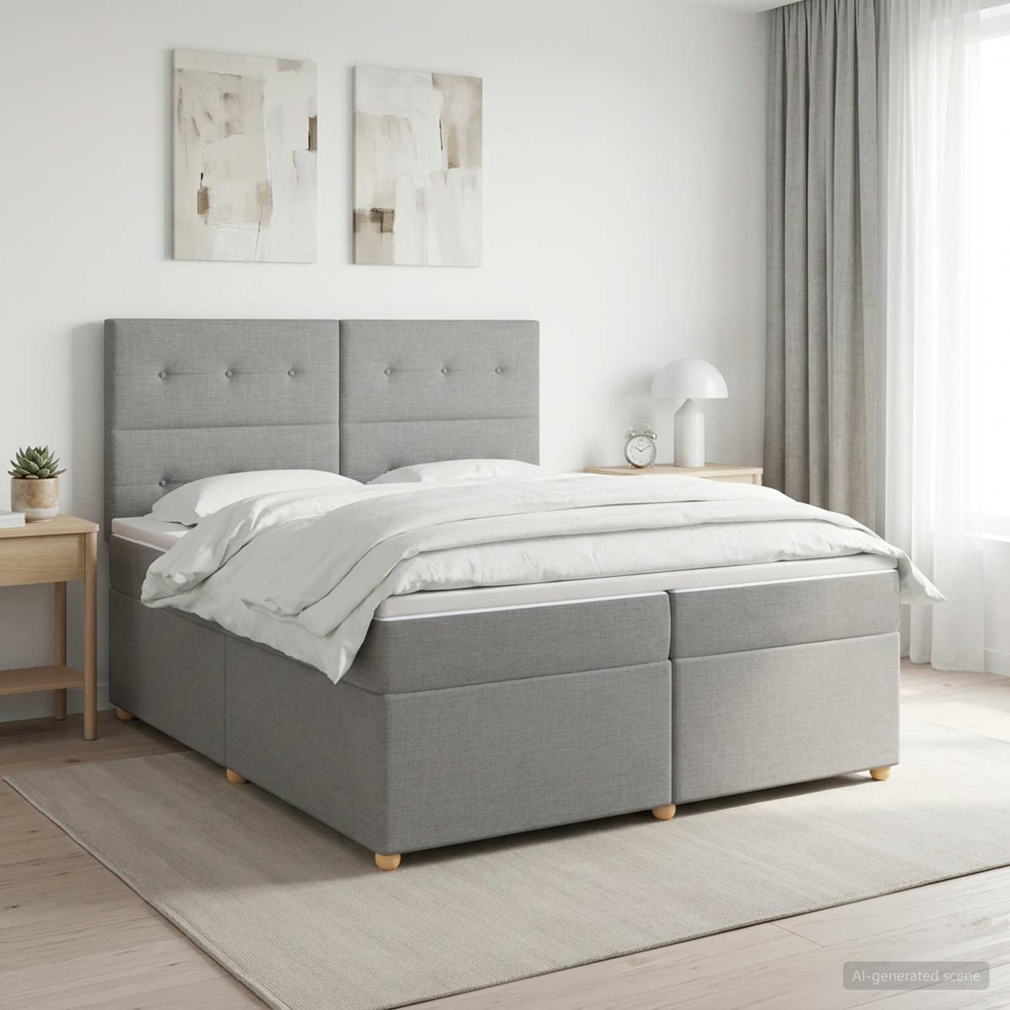 Boxmadras med topmadras Lysegrå 200 x 200 cm Stof