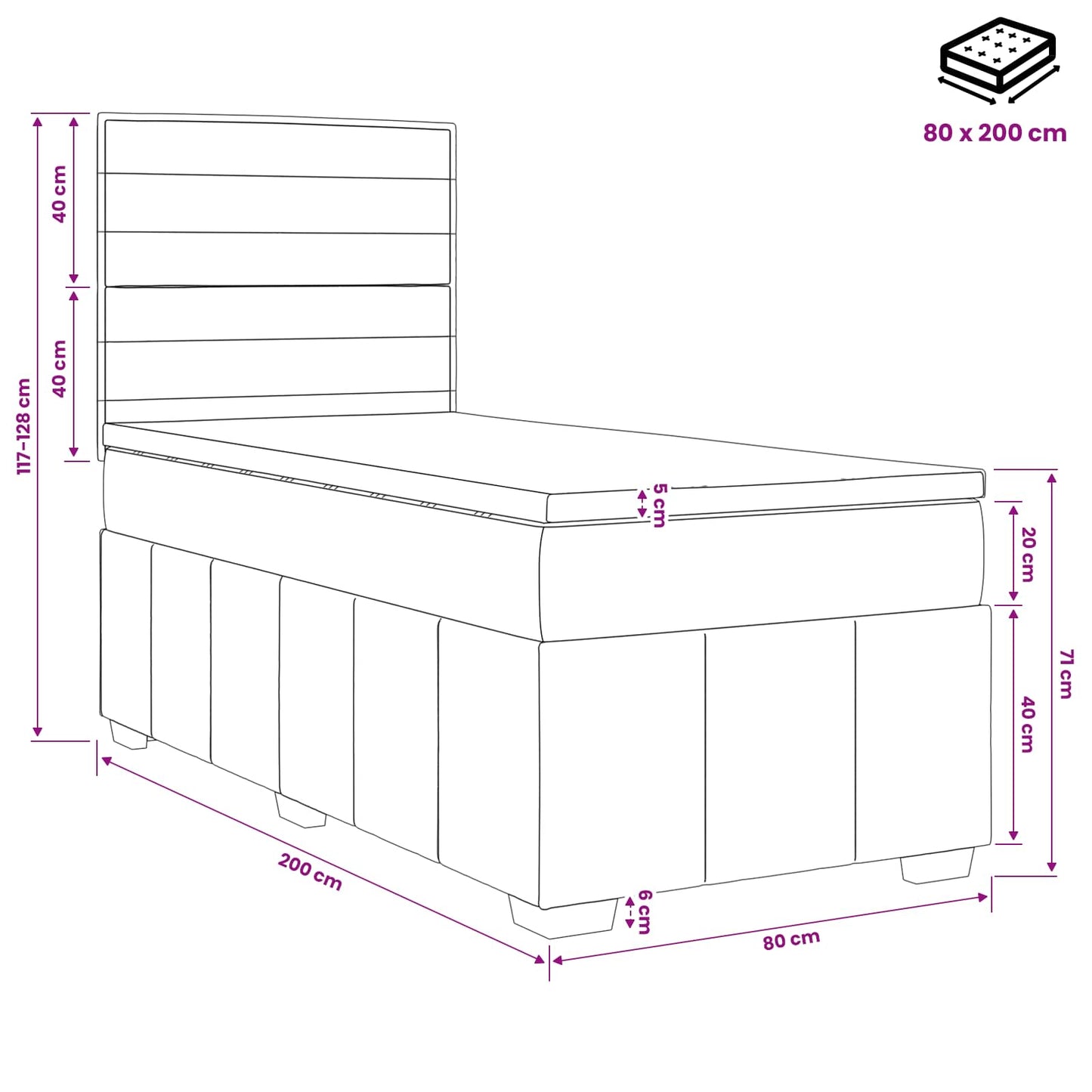 Boxmadras med topmadras med hovedgærde Sort 80 x 200 cm Stof