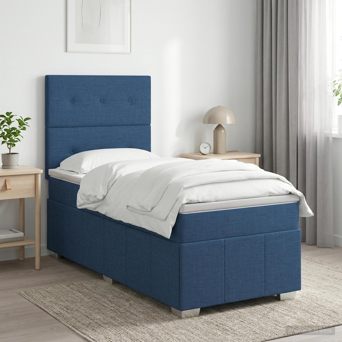 Boxmadras med topmadras med hovedgærde Blå 90 x 200 cm Stof
