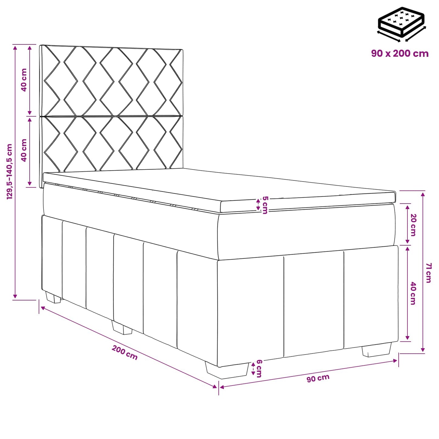 Boxmadras med topmadras med hovedgærde Sort 90 x 200 cm Stof